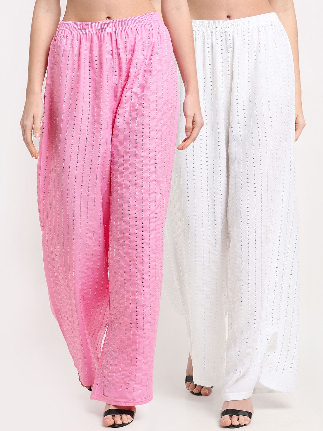 NEUDIS Women Pink & White Pack Of 2 Embroidered Ethnic Palazzos Price in India