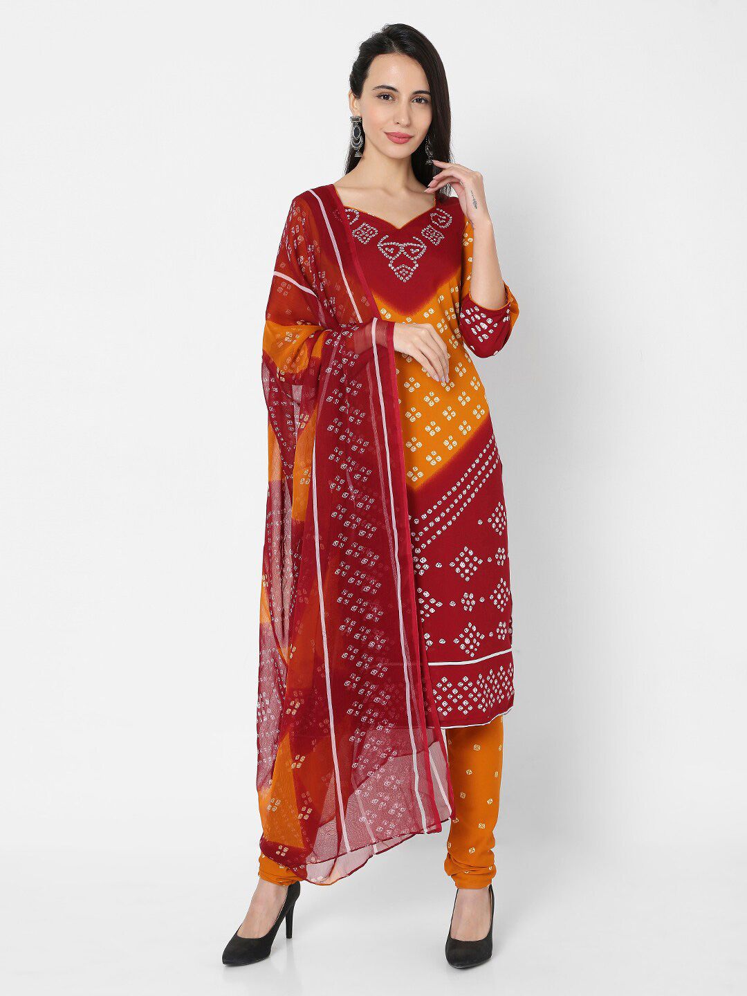 SALWAR STUDIO Orange & Red Printed Unstitched Dress Material Price in India