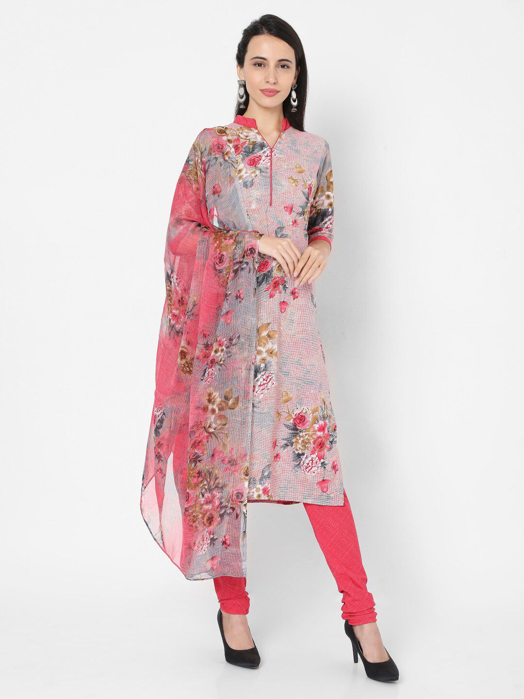 SALWAR STUDIO Grey & Pink Printed Unstitched Dress Material Price in India