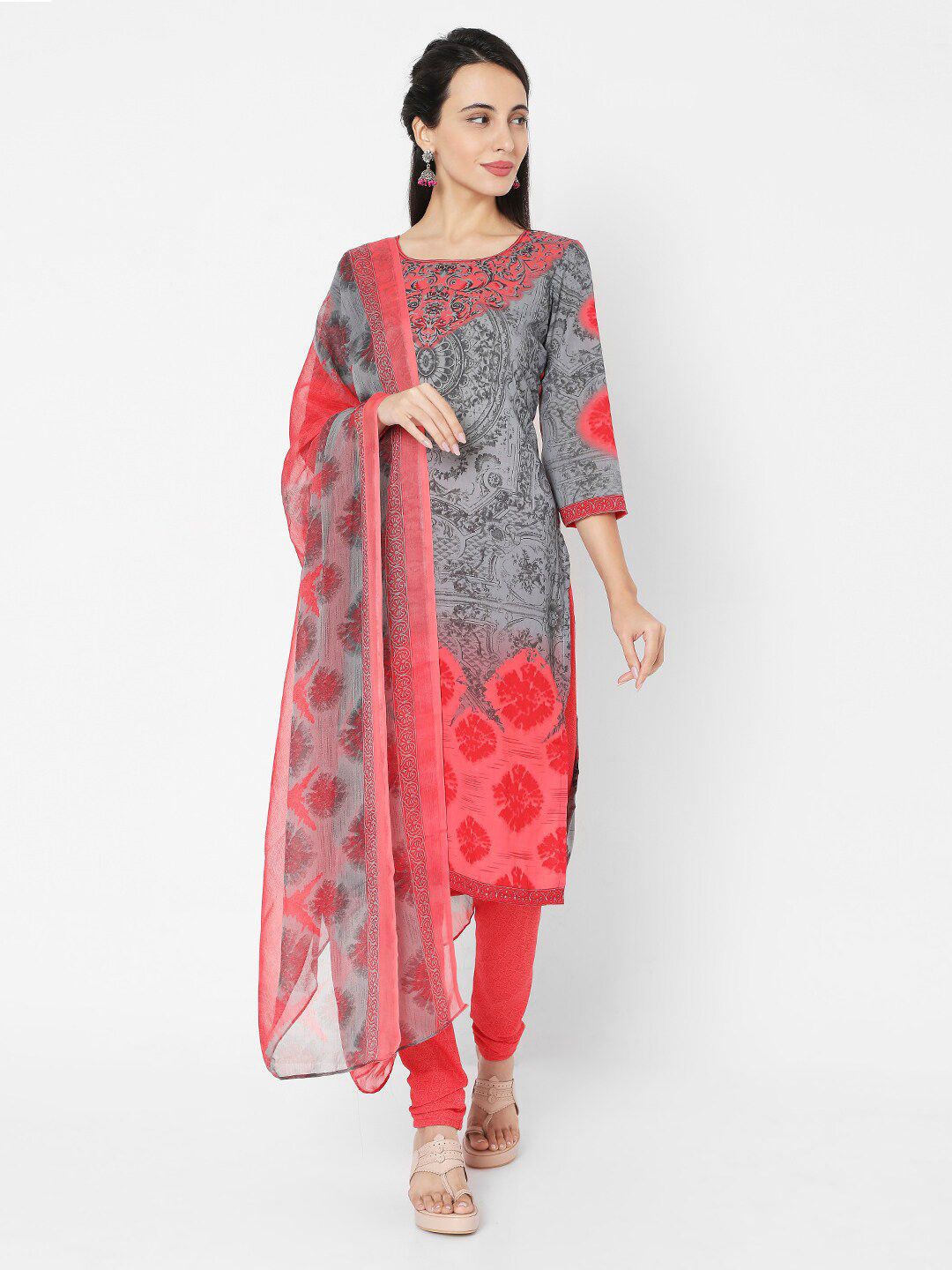 SALWAR STUDIO Grey & Peach-Coloured Printed Unstitched Dress Material Price in India