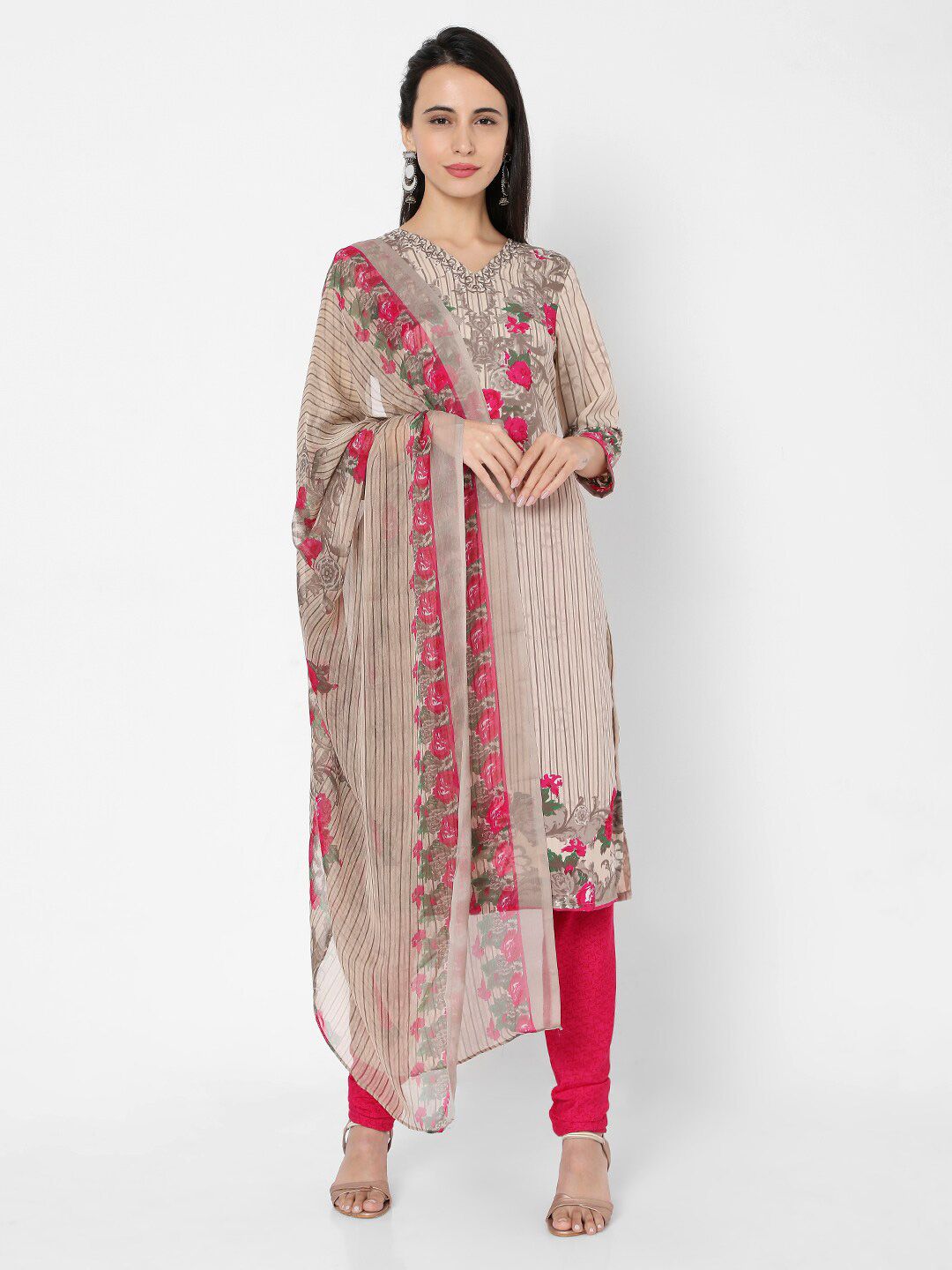 SALWAR STUDIO Beige & Pink Printed Unstitched Dress Material Price in India