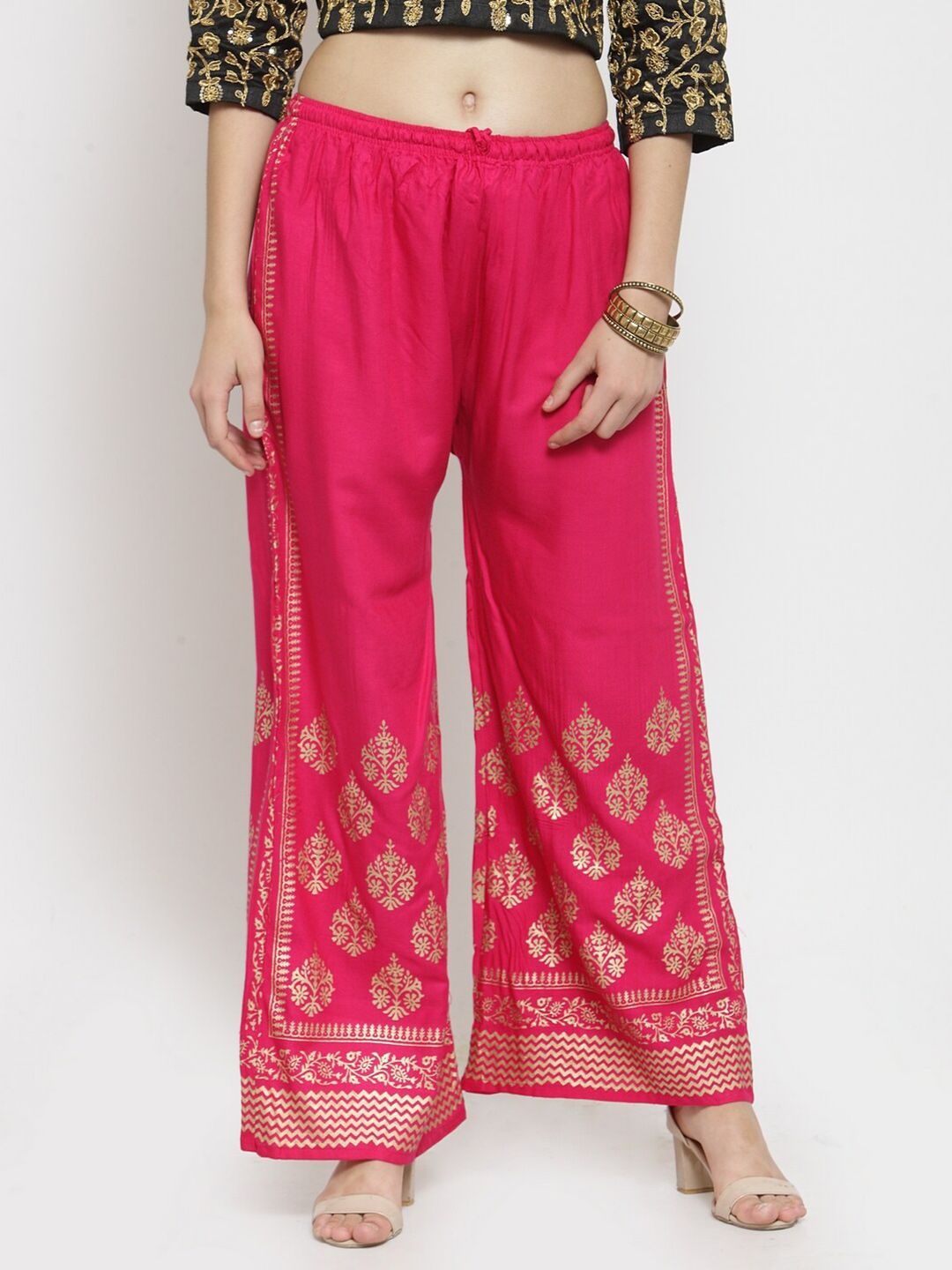 Clora Creation Women Magenta & Gold-Toned Ethnic Motifs Hem Design Palazzos
