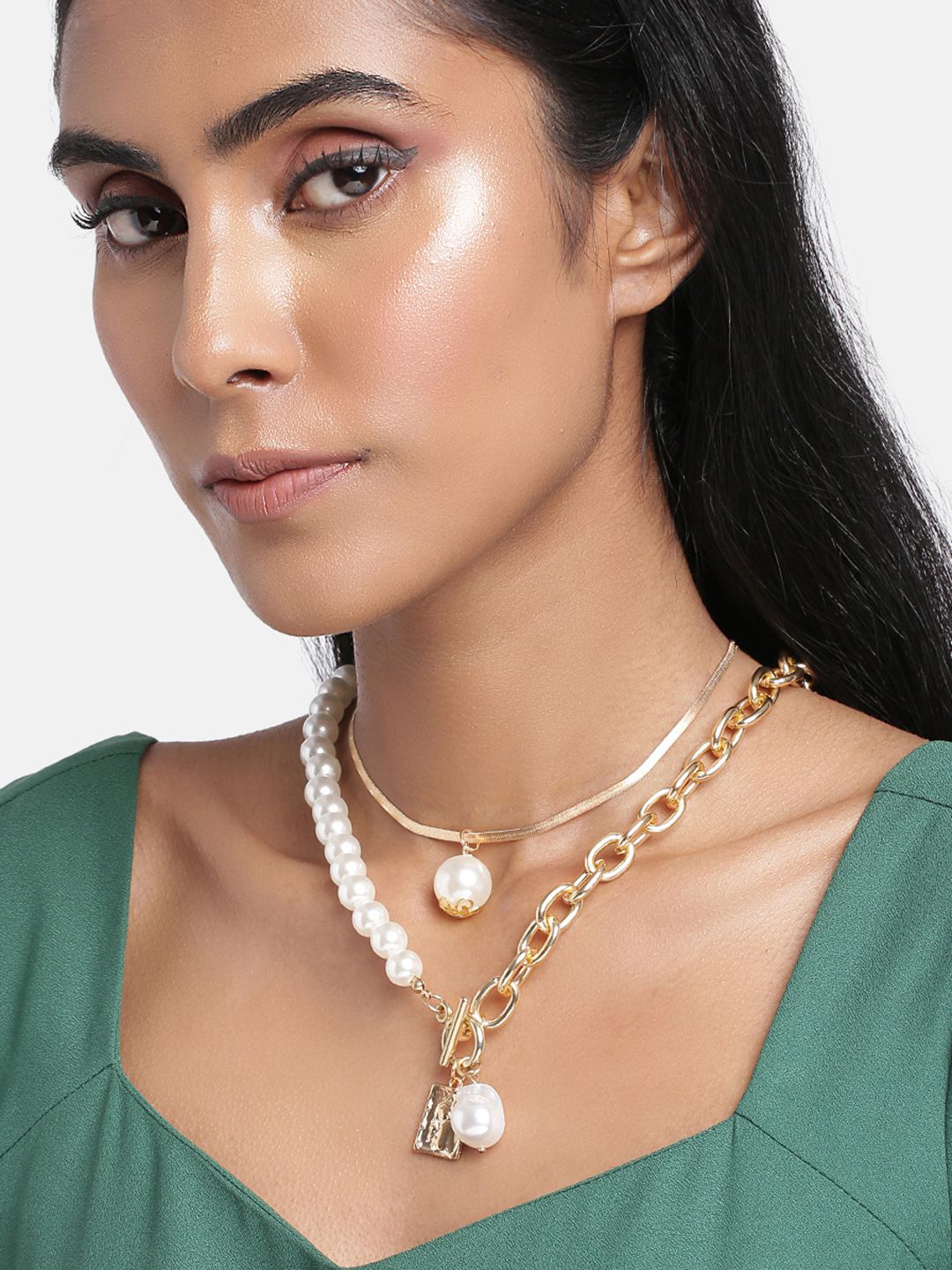 Peora Gold-Toned Retro Baroque Pearl Chain Bar Lock Pendant Necklace Price in India