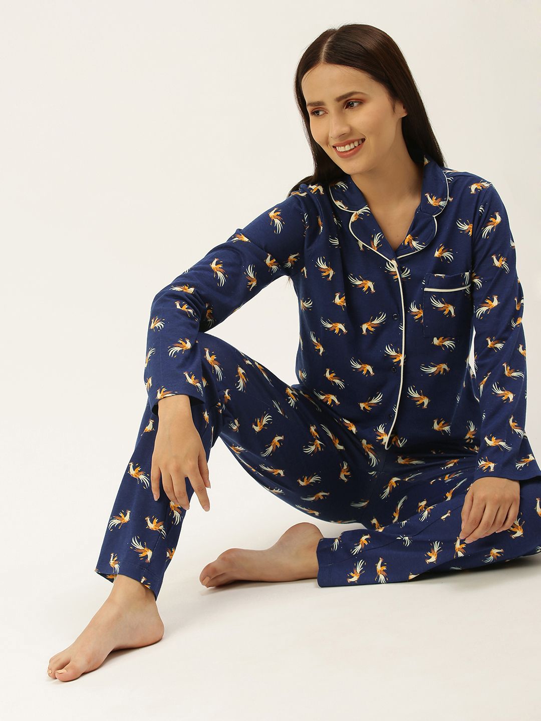 Sleepy Gals Women Blue Rooster Print Pure Cotton Night Suit Price in India