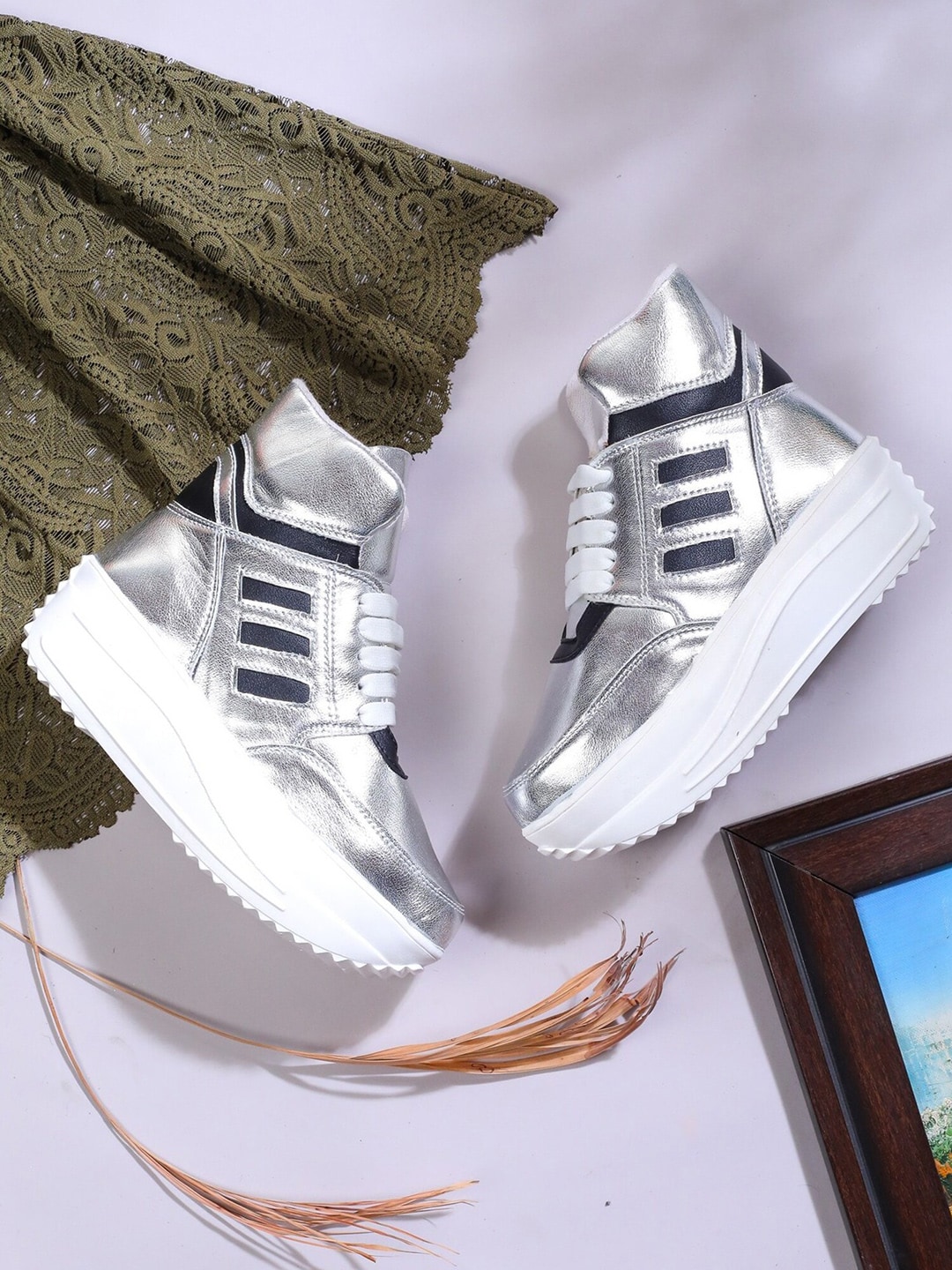 LONDON STEPS Women Silver-Toned & Black Striped High-Top Flatform Heeled Boots Price in India