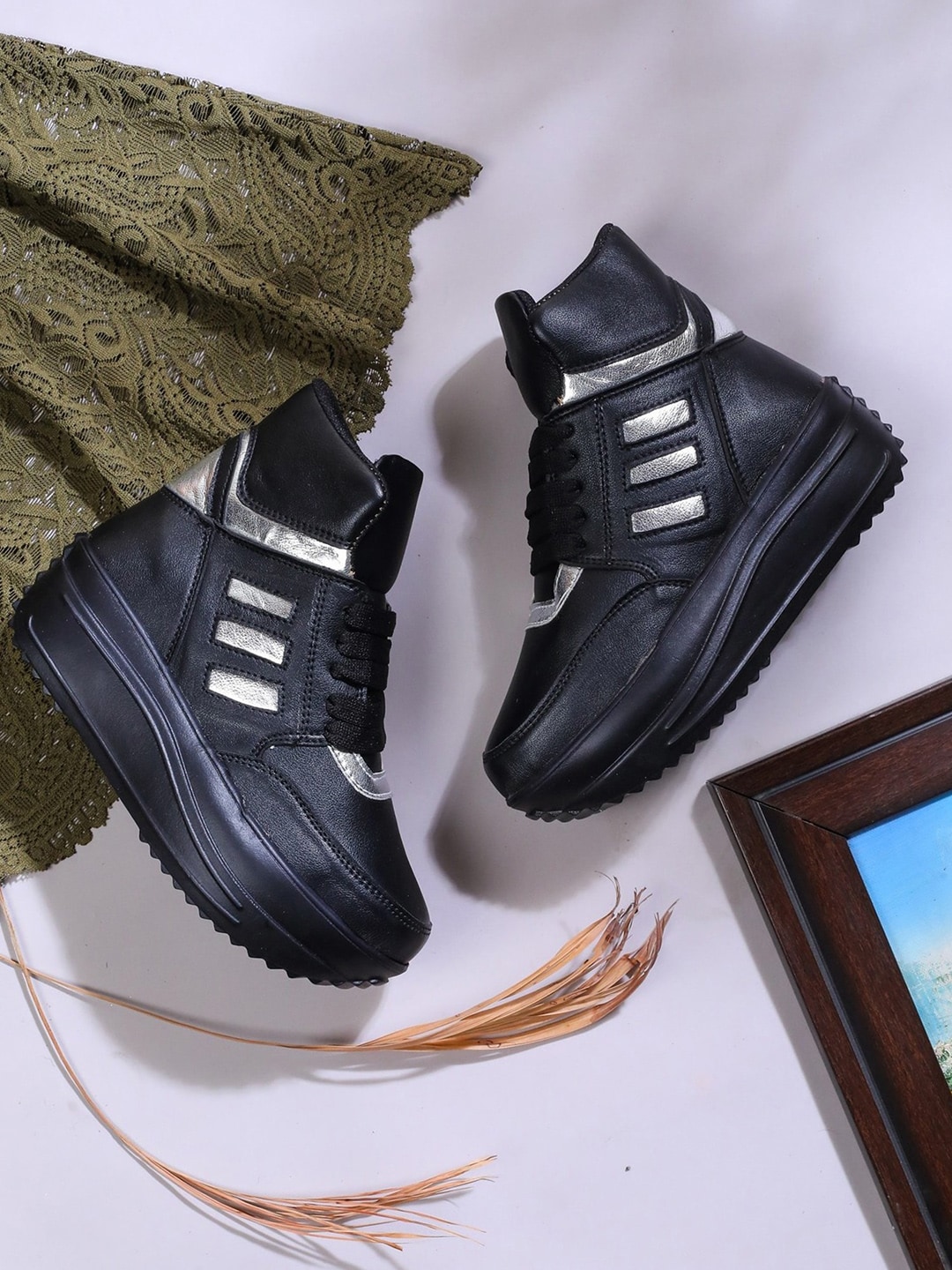 LONDON STEPS Women Black & Silver-Toned Striped High-Top Flatform Heeled Boots Price in India