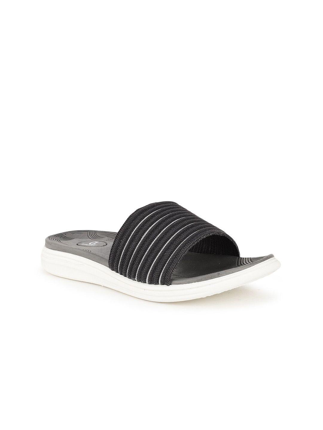 Carlton London Sports Women Grey & Black Striped Rubber Sliders Price in India