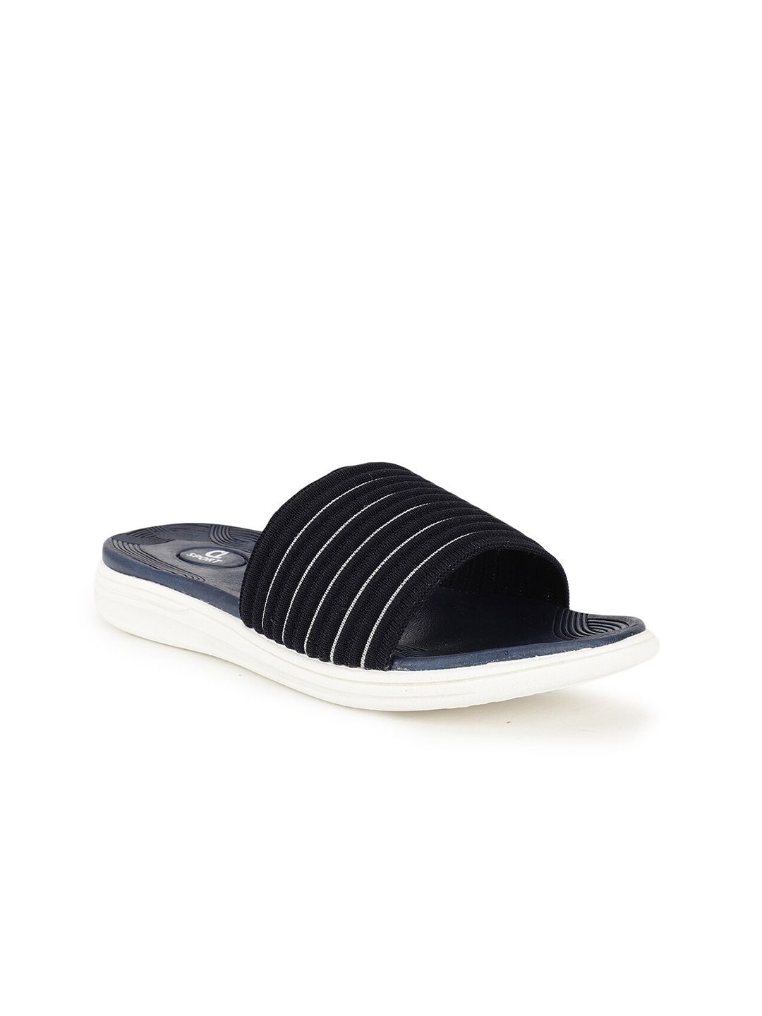 Carlton London sports Women Navy Blue & White Striped Rubber Sliders Price in India