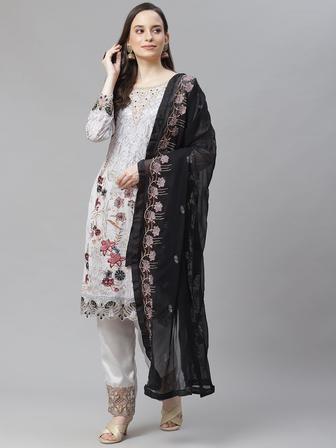 Readiprint Fashions Grey & Black Embroidered Unstitched Dress Material Price in India