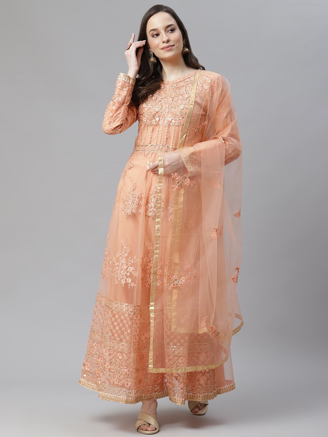 Readiprint Fashions Peach-Coloured Embroidered Unstitched Dress Material Price in India