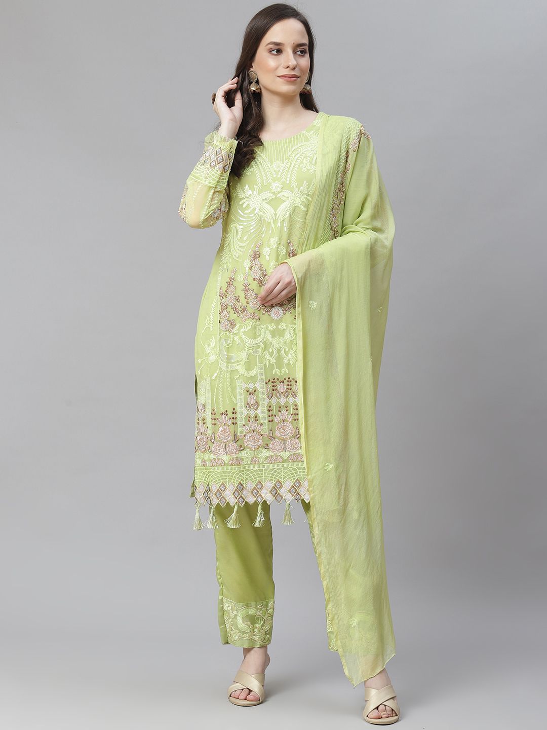 Readiprint Fashions Green & Lime Green Embroidered Unstitched Dress Material Price in India