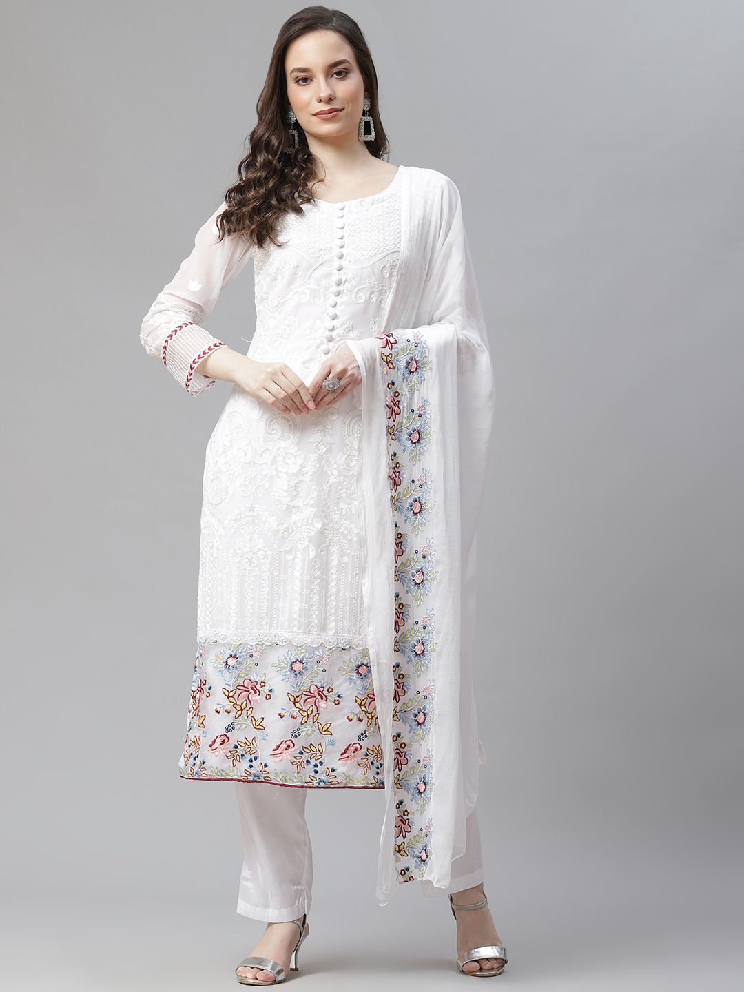 Readiprint Fashions White Embroidered Unstitched Dress Material Price in India