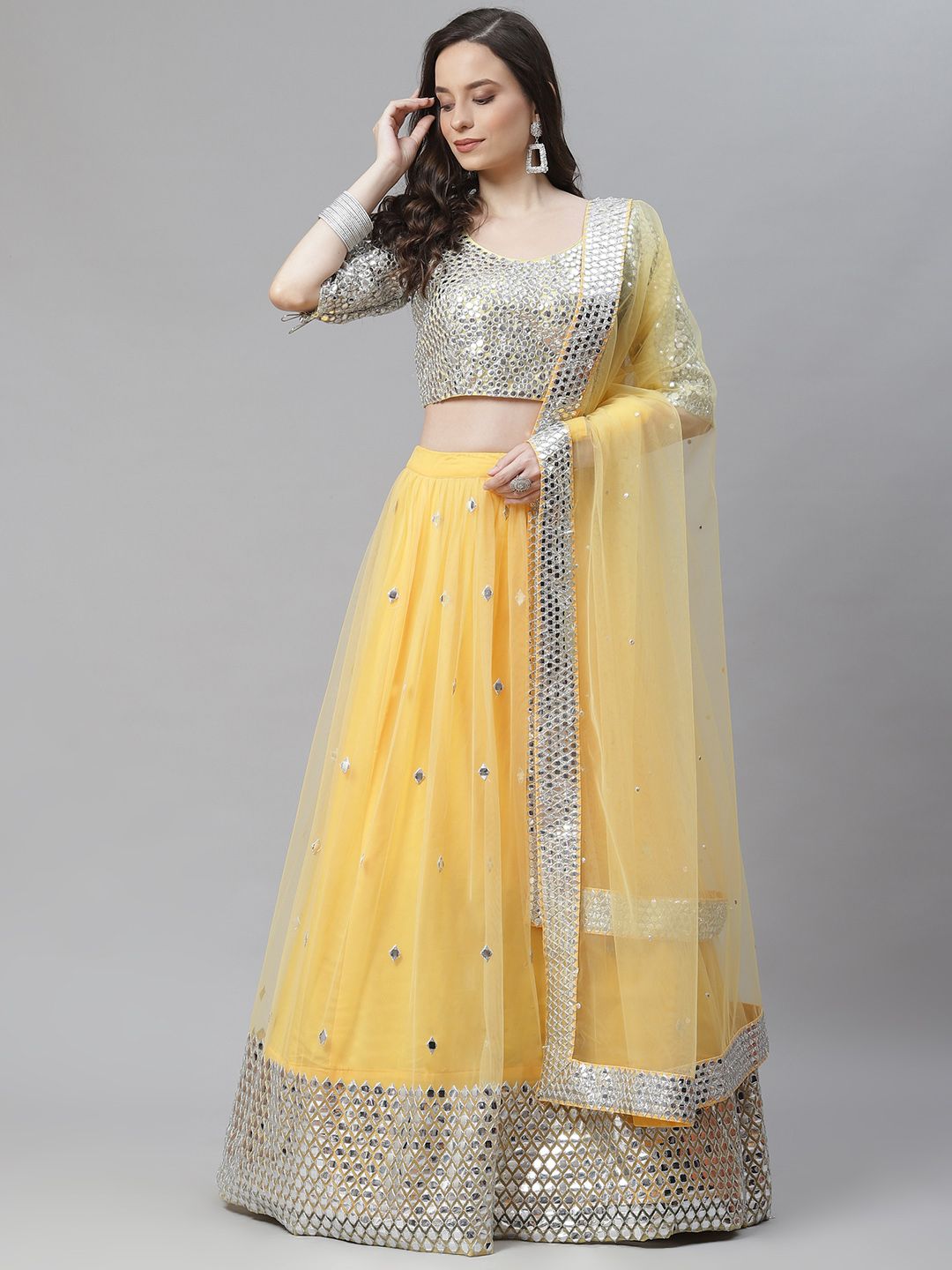 Readiprint Fashions Yellow & Silver-Toned Mirror Work Semi-Stitched Lehenga & Blouse With Dupatta Price in India