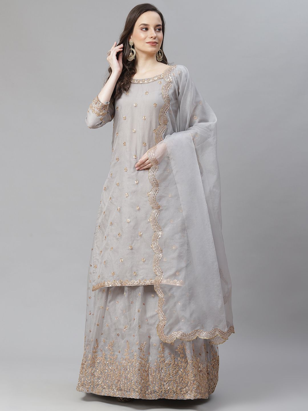 Readiprint Fashions Grey & Gold-Toned Semi-Stitched Lehenga & Unstitched Blouse With Dupatta Price in India