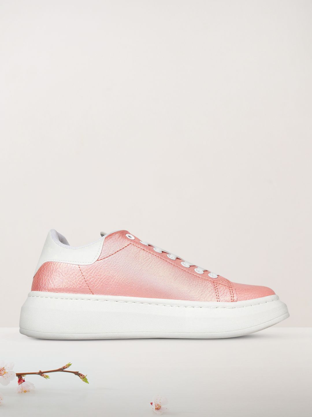 Mast & Harbour Women Peach-Coloured Iridescent Effect  Perforated Detail Flatform Sneakers Price in India