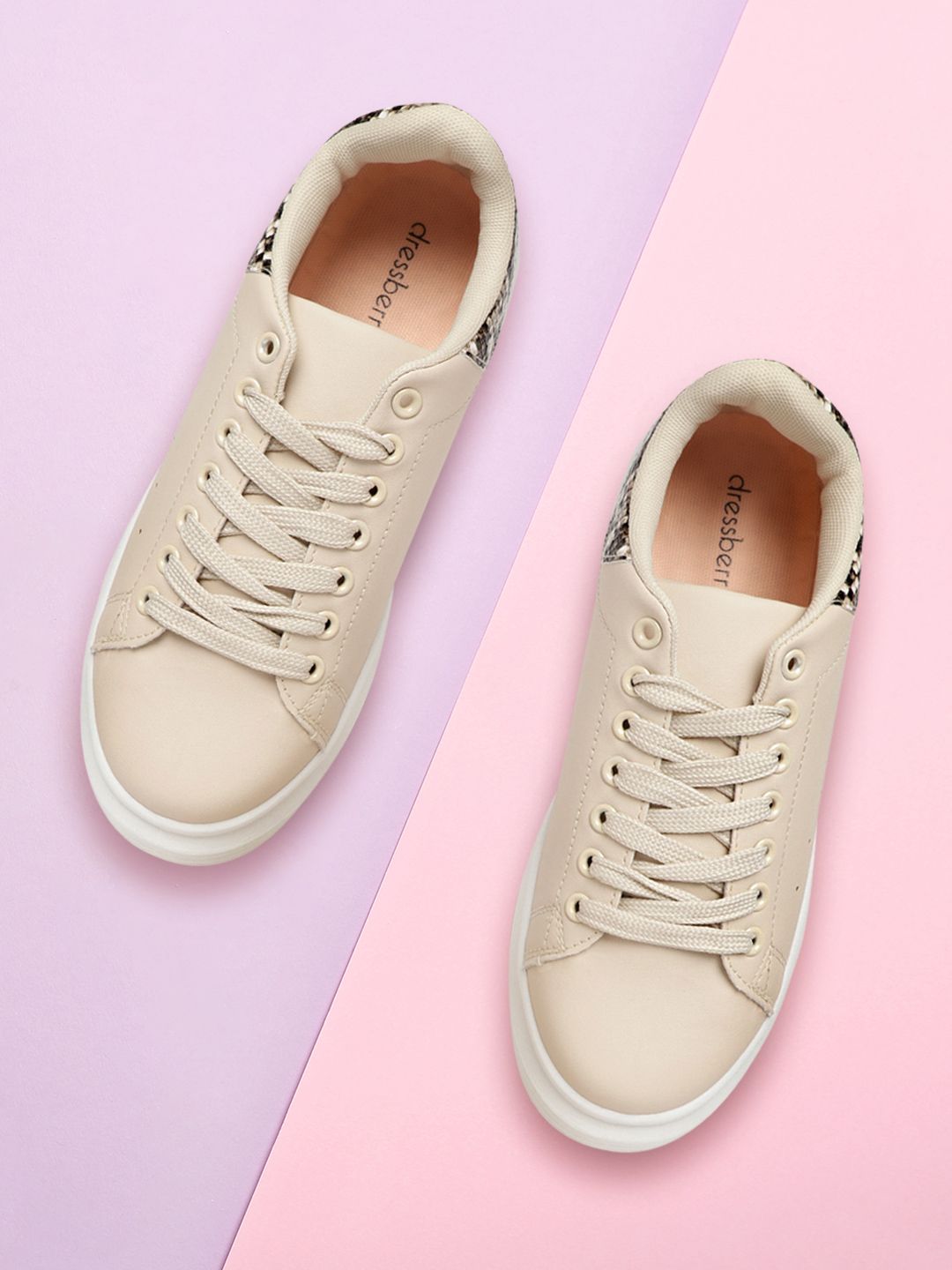DressBerry Women Beige & Coffee Brown Solid Flatform Sneakers with Perforated Detail Price in India