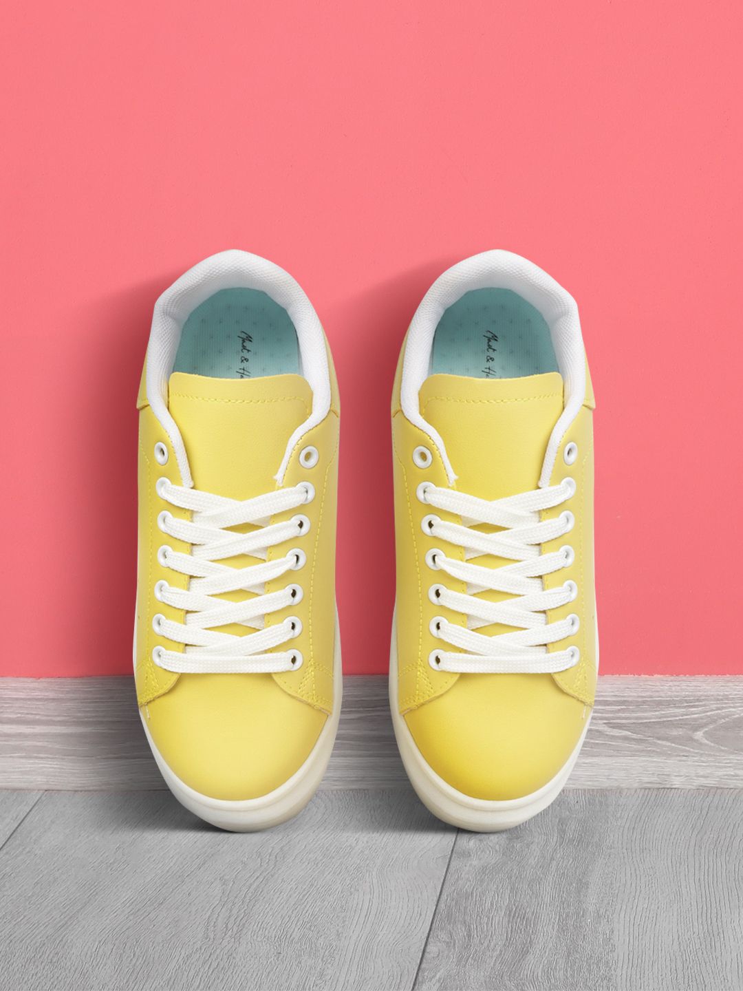 Mast & Harbour Women Yellow Solid Flatform Sneakers with Perforated Detail Price in India