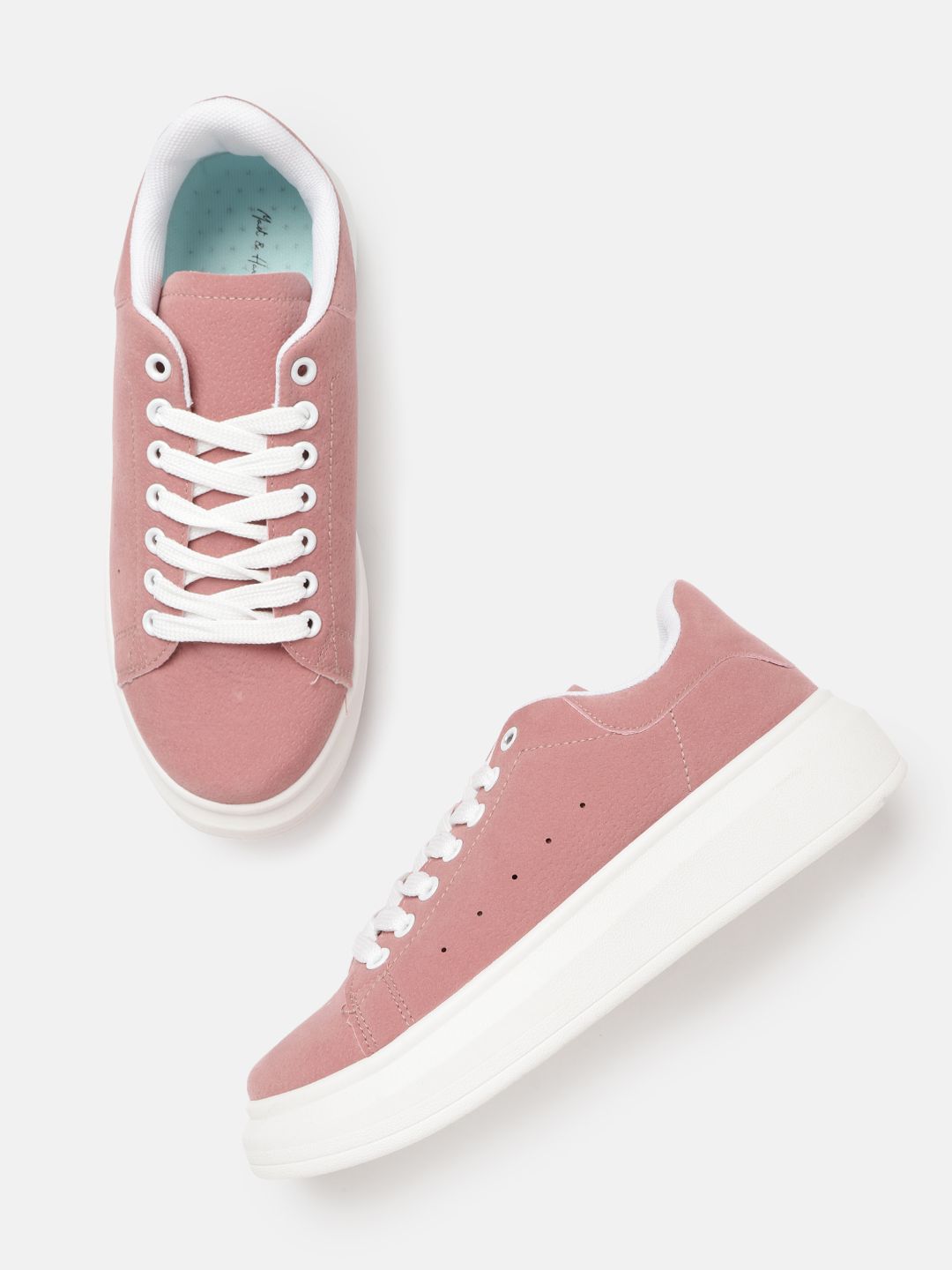 Mast & Harbour Women Peach-Coloured Textured Suede Finish Perforated Flatform Sneakers Price in India
