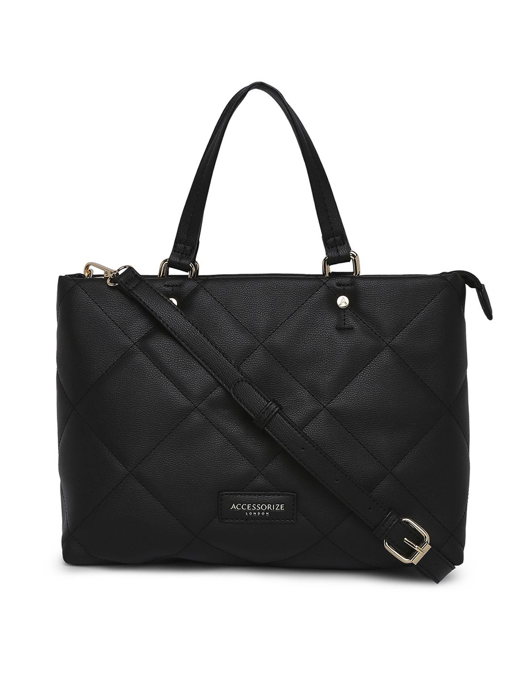 Accessorize Black Solid Kayleigh Quilted Structured Handheld Bag Price in India