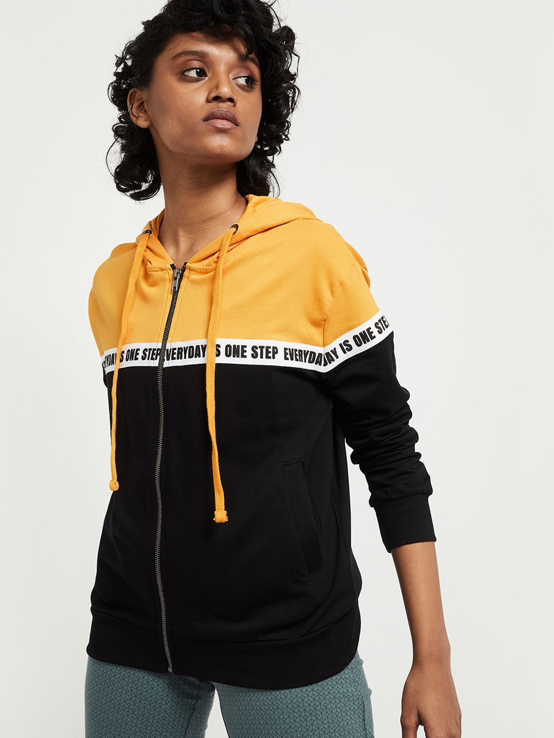 max Women Mustard Yellow & Black Colourblocked Bomber Jacket Price in India