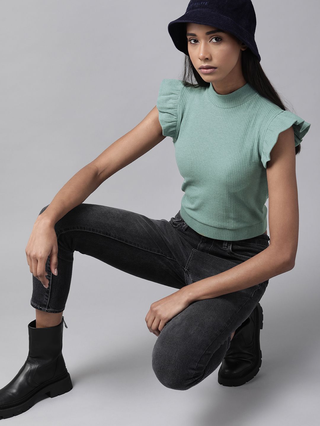 Roadster Women Sea Green Ribbed Crop Top