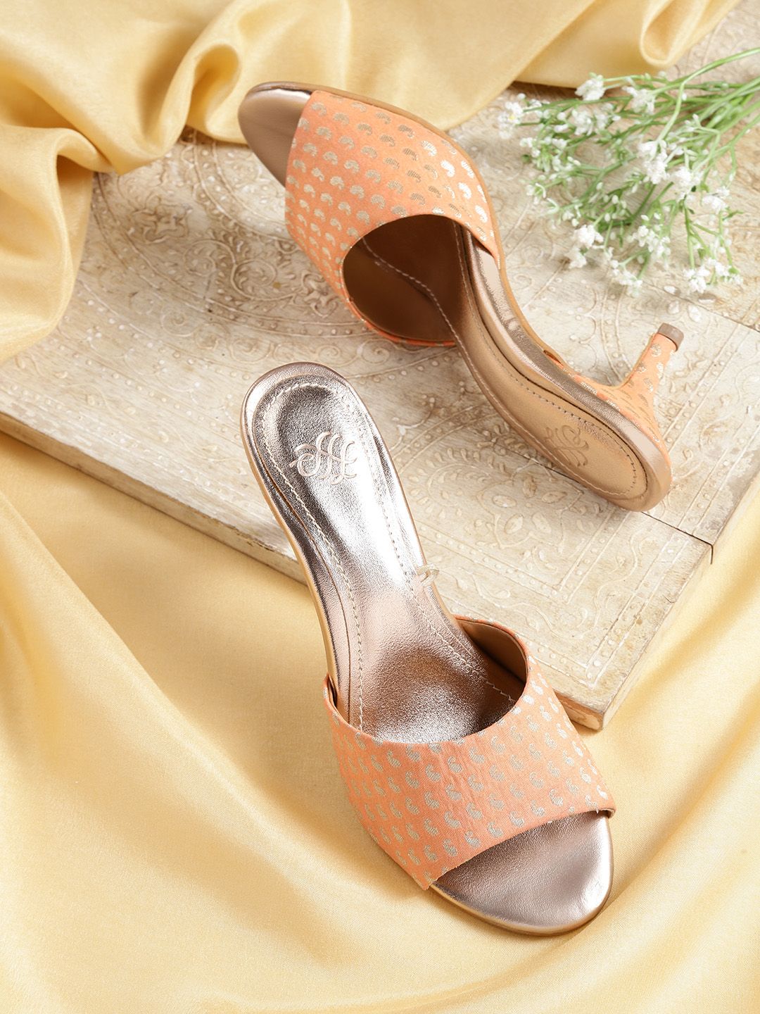 House of Pataudi Peach-Coloured & Gold-Toned Ethnic Patterned Open Toe Slim Heels Price in India
