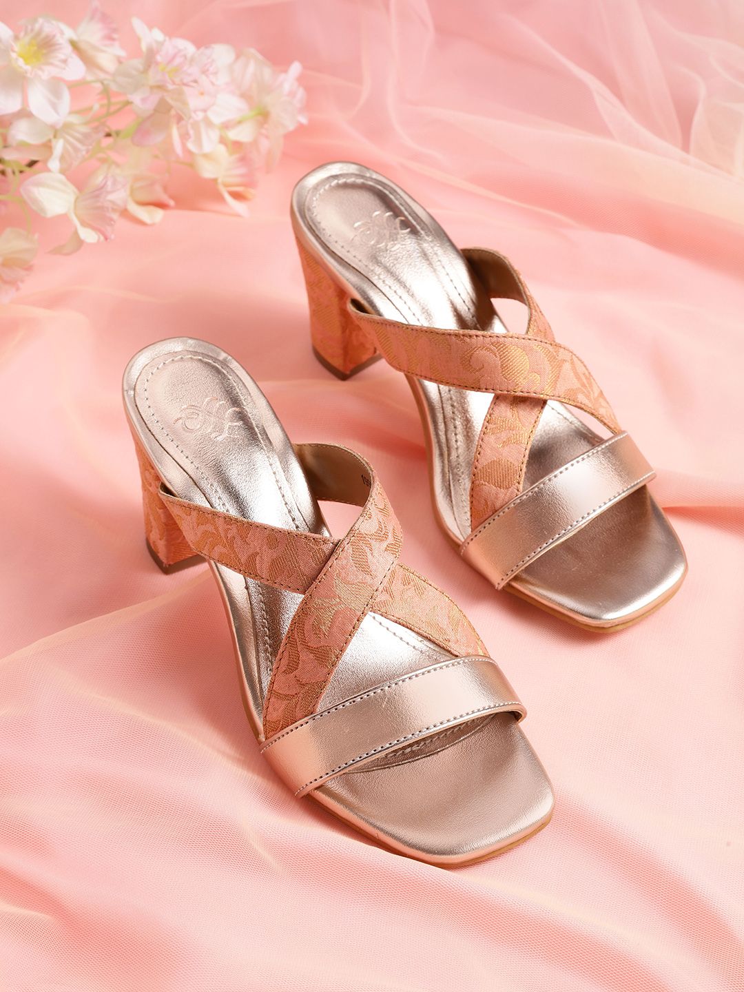 House of Pataudi Women Rose Gold-Toned  & Peach-Coloured Woven Design Block Heels Price in India