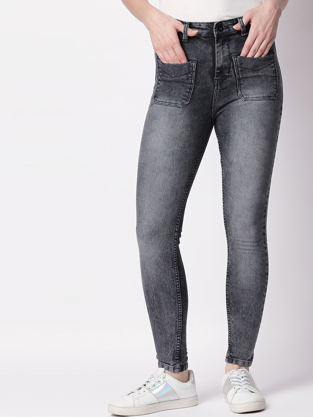 High Star Women Charcoal Slim Fit High-Rise Heavy Fade Jeans Price in India