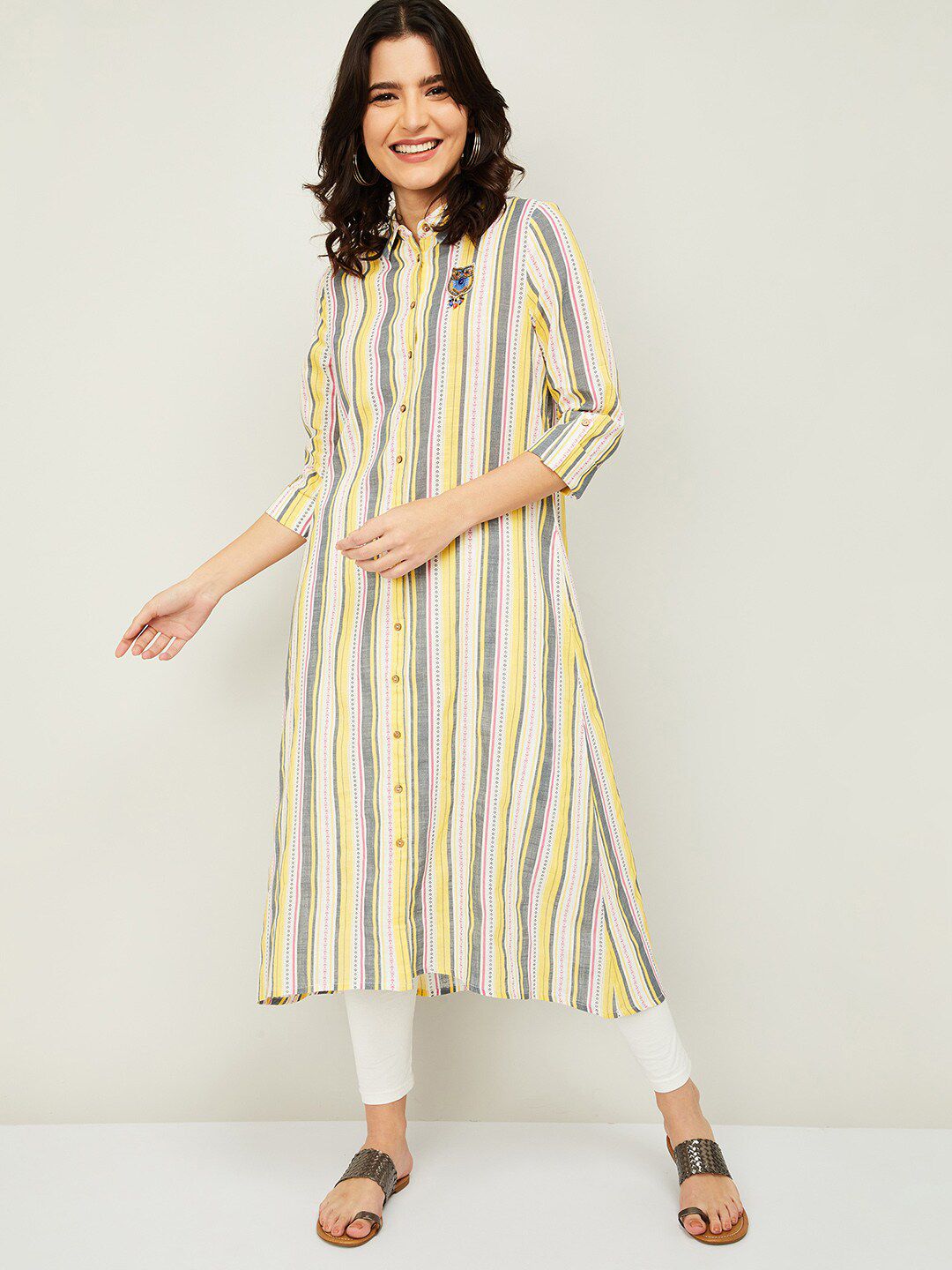 Colour Me by Melange Off White & Grey Shirt Collar Striped Tunic Price in India