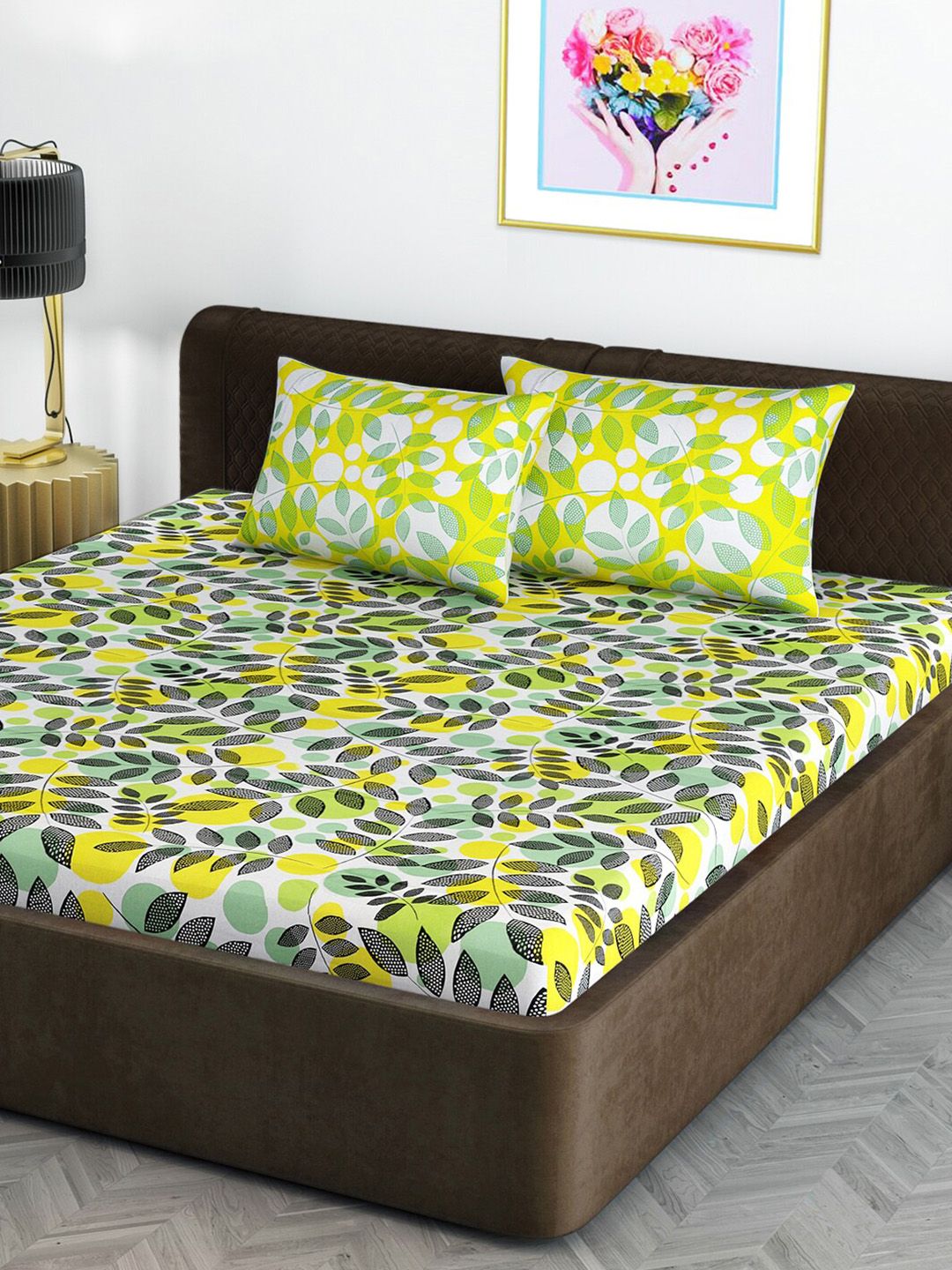 Divine Casa Yellow & Green Floral 144 TC King Bedsheet with 2 Pillow Covers Price in India