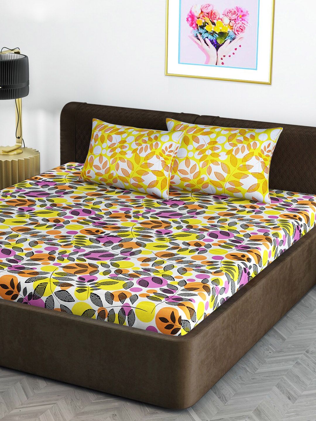 Divine Casa Yellow & Pink Floral 144 TC King Bedsheet with 2 Pillow Covers Price in India