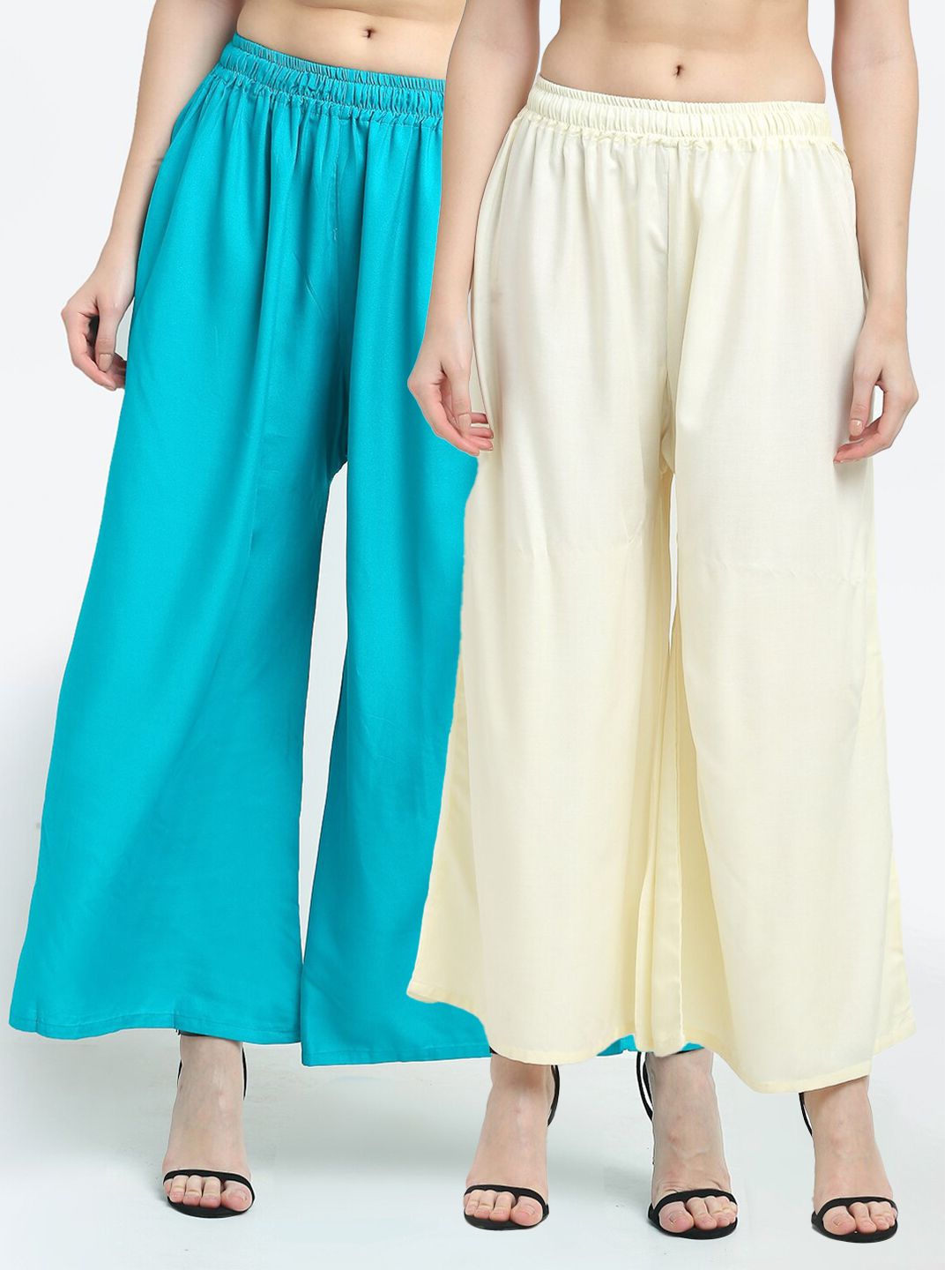 TAG 7 Women Pack Of 2 Cream-Coloured & Turquoise Blue Flared Ethnic Palazzos Price in India
