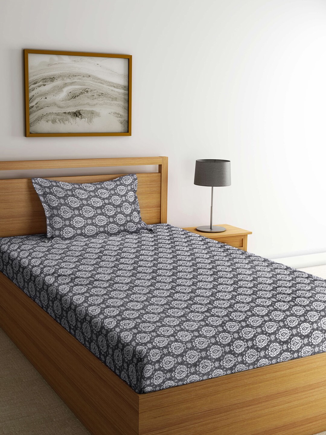 Arrabi Grey & White Ethnic Motifs 300 TC Single Bedsheet with 1 Pillow Covers Price in India