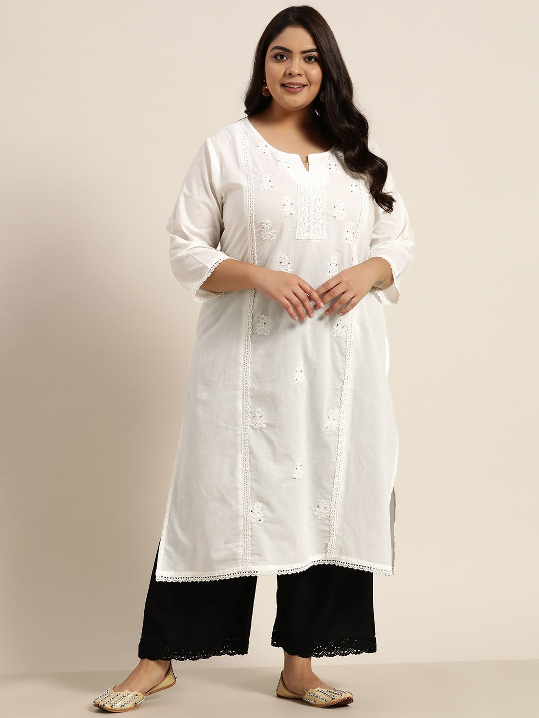 Juniper Plus Women White Pure Cotton Ethnic Embroidered Indie Prints Kurta Price in India