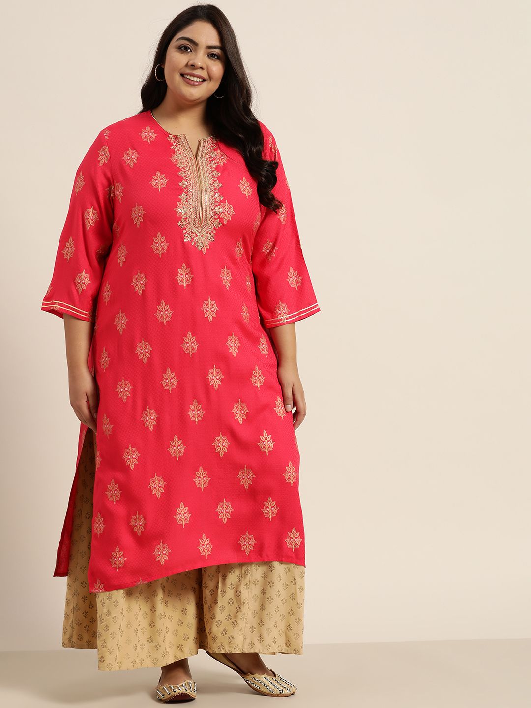 Juniper Plus Women Red & Golden Ethnic Motifs Printed Indie Prints Liva Kurta Price in India