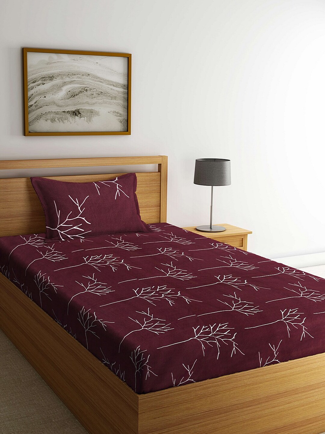 Arrabi Brown & White Floral 300 TC Single Bedsheet with 1 Pillow Covers Price in India