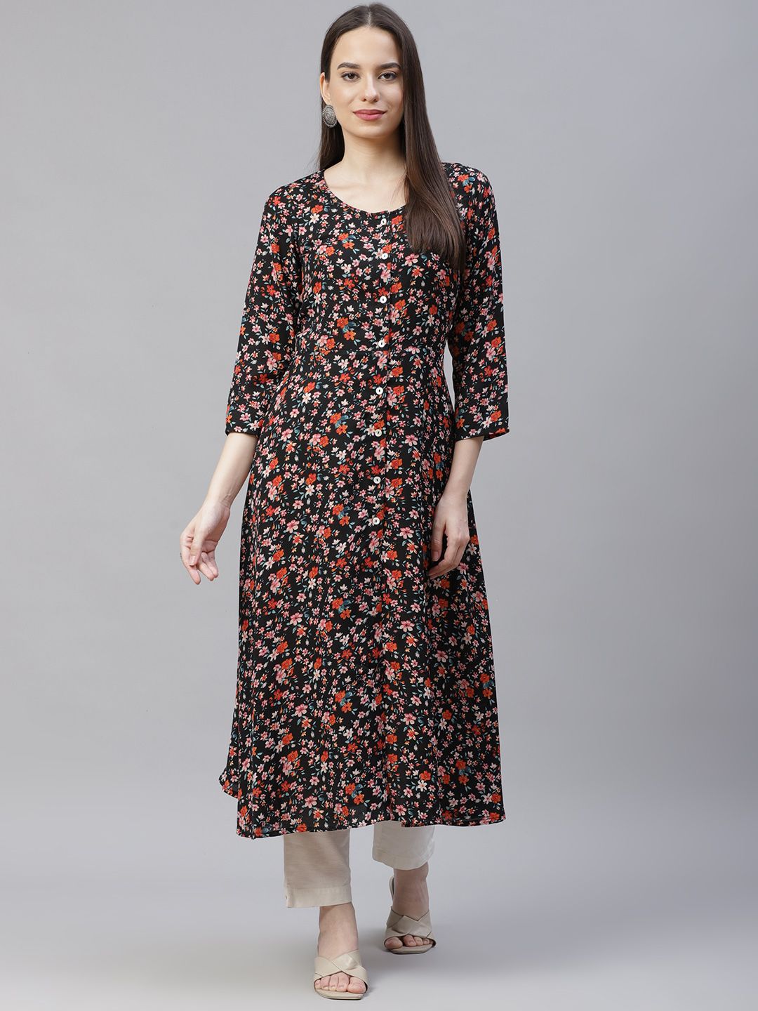 Jompers Women Black & Orange Floral Printed Floral Kurta Price in India