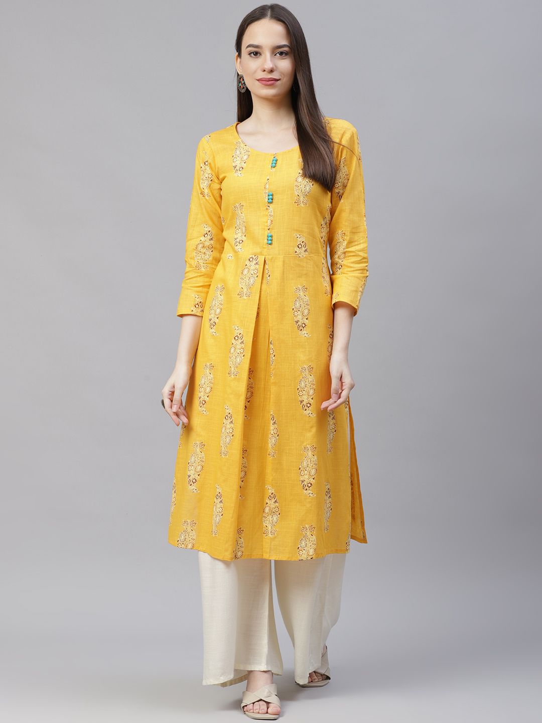 Jompers Women Yellow Ethnic Motifs Printed Block Print Kurta Price in India