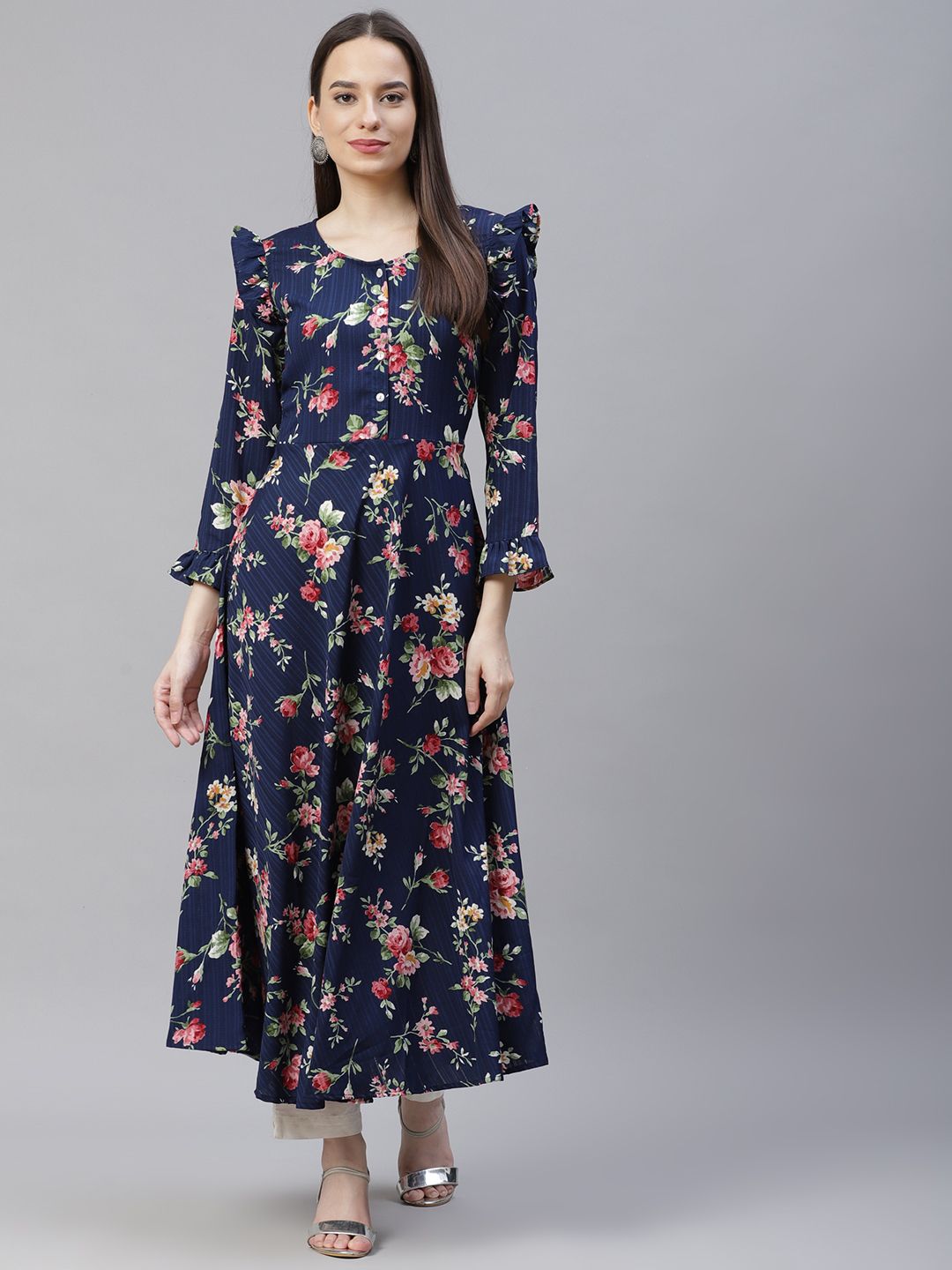 Jompers Women Navy Blue & Pink Floral Printed Bell Sleeves Floral Anarkali Kurta Price in India