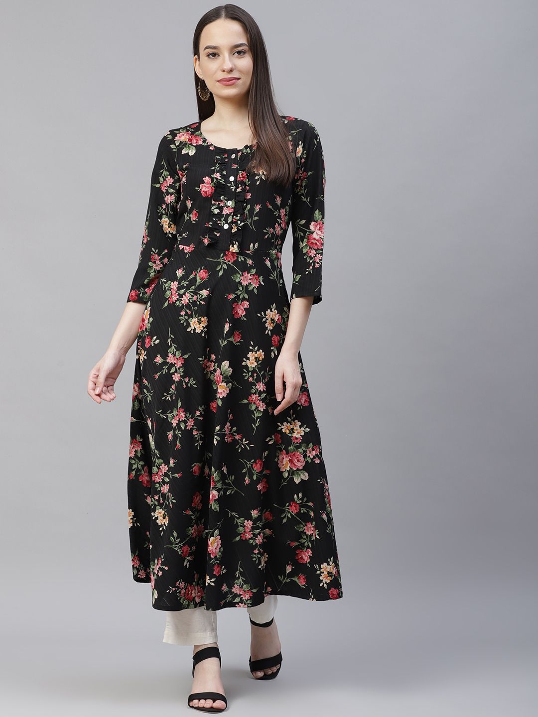 Jompers Women Black Floral Printed Floral Anarkali Kurta