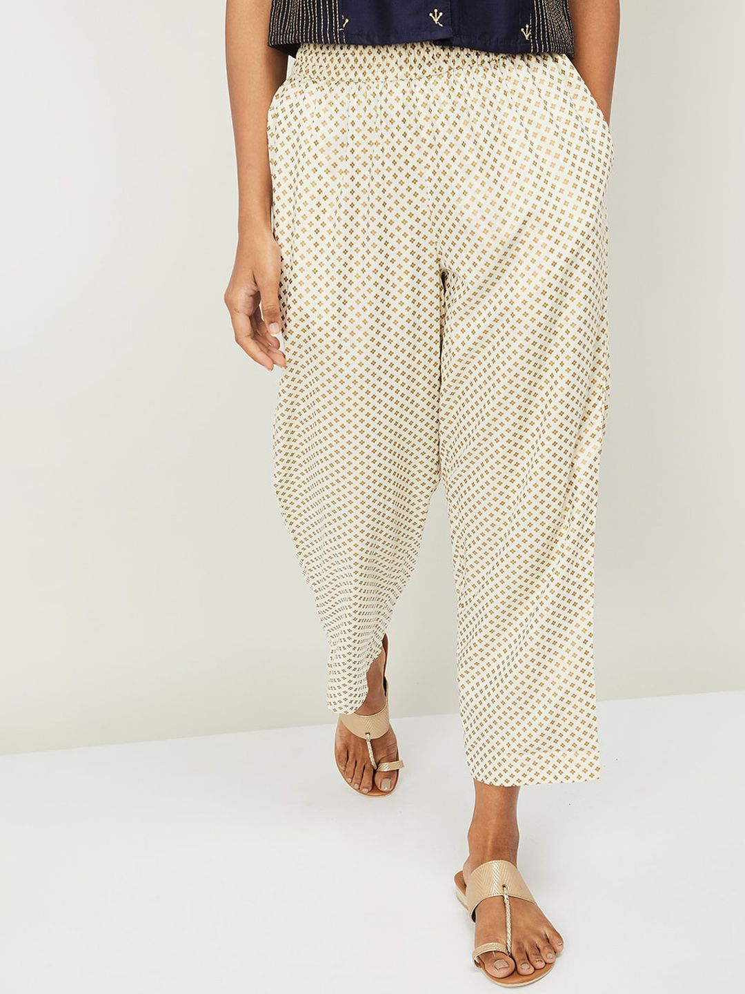Melange by Lifestyle Women Off White Printed Knitted Cropped Palazzos