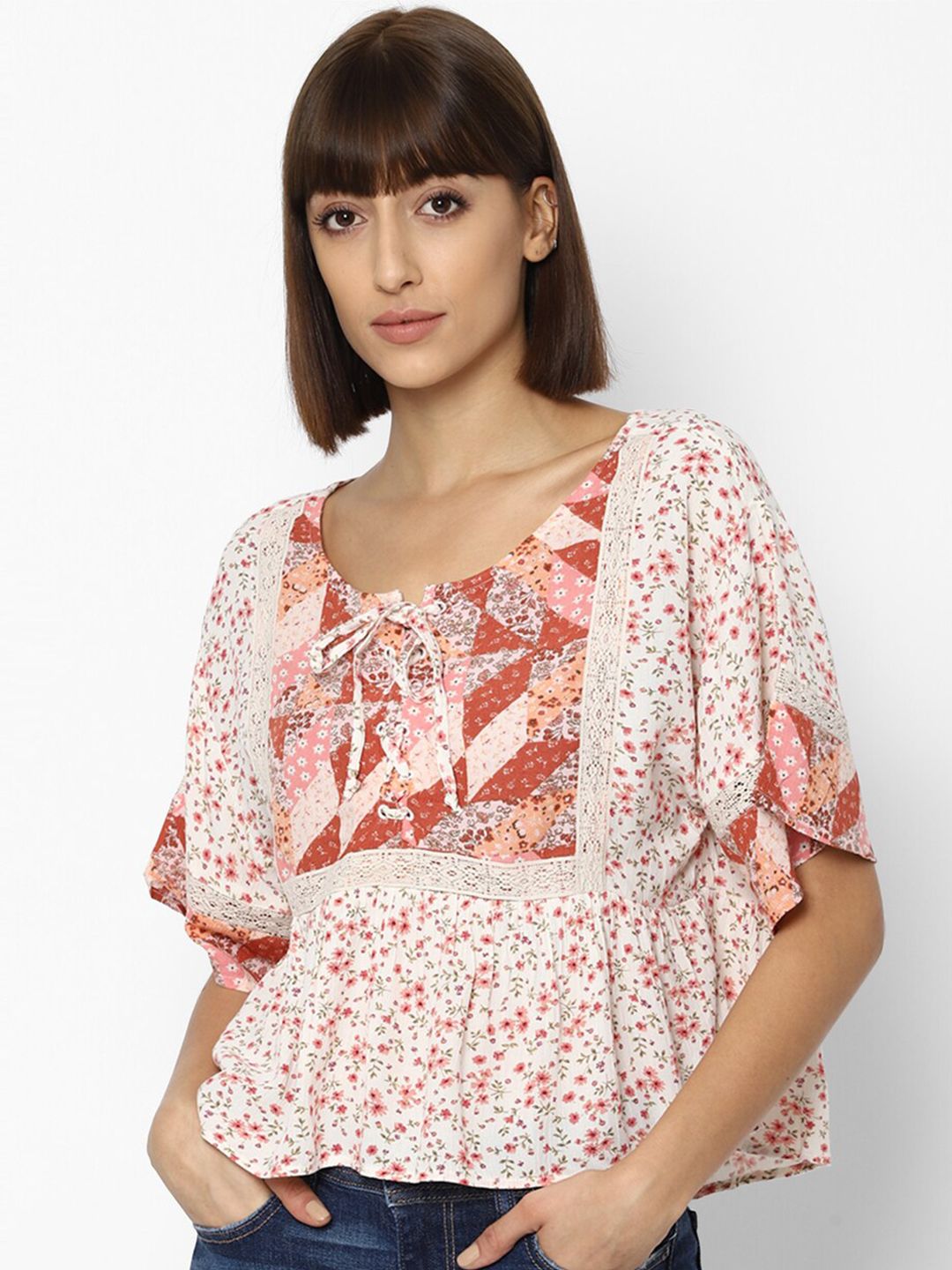 AMERICAN EAGLE OUTFITTERS Pink & Coral Floral Tie-Up Neck Ruffles A-Line Top Price in India
