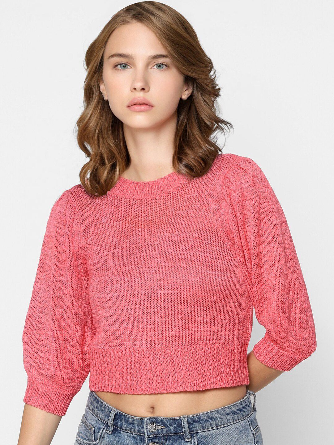 ONLY Women Peach-Coloured Solid Crop Pullover Price in India