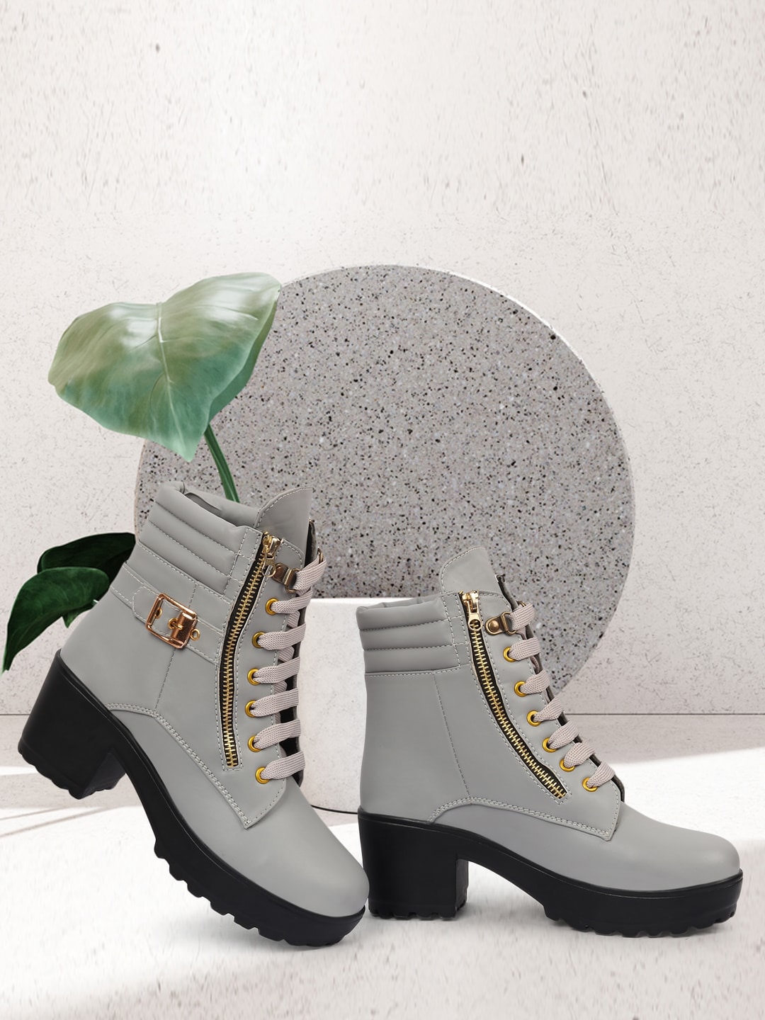 ZAPATOZ Women Grey & Gold-Toned PU Block Heeled Boots with Buckles Price in India
