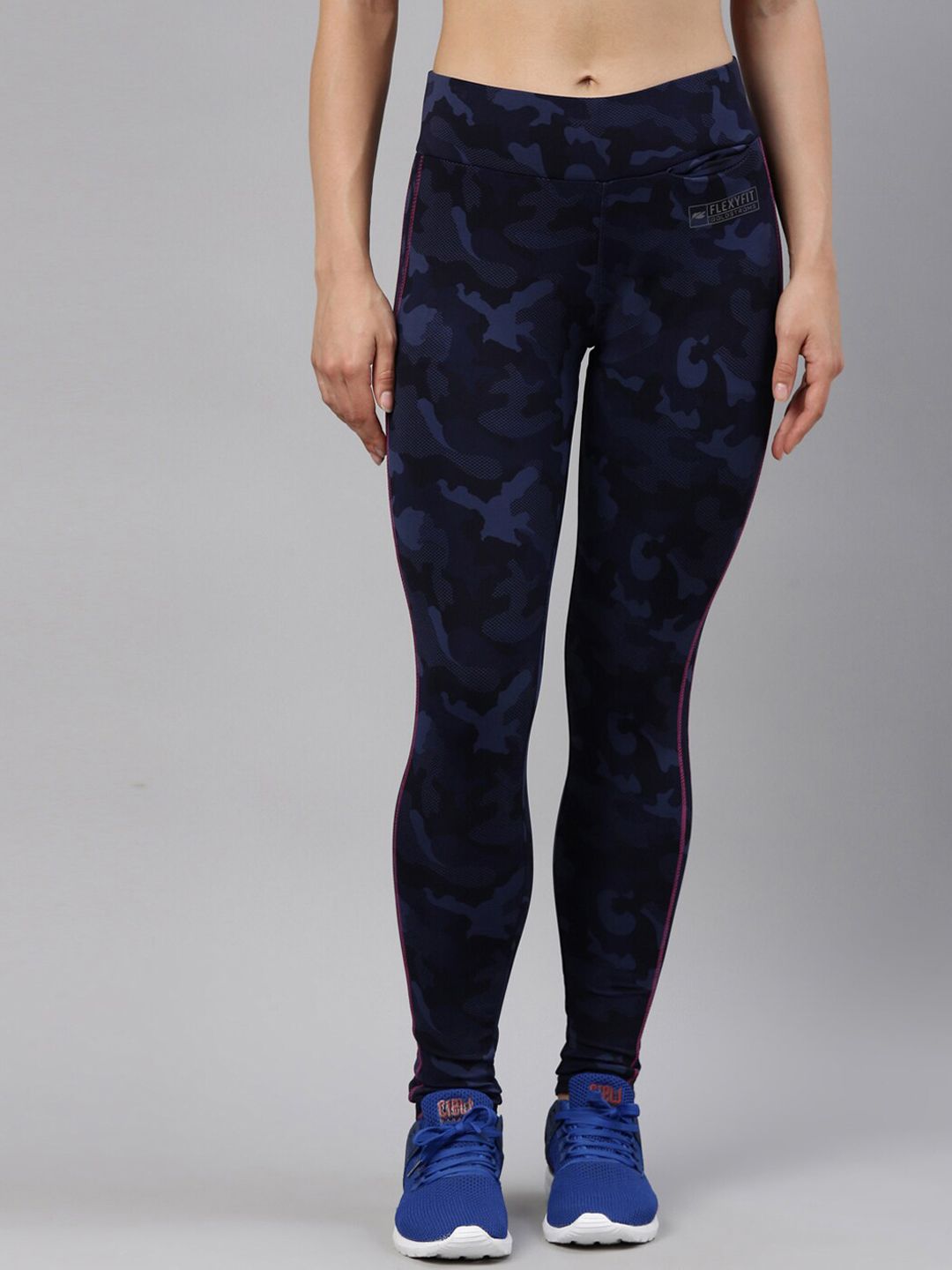 GOLDSTROMS Women Navy Blue & Black Camouflage Printed Flexi-Fit Activewear Tights Price in India