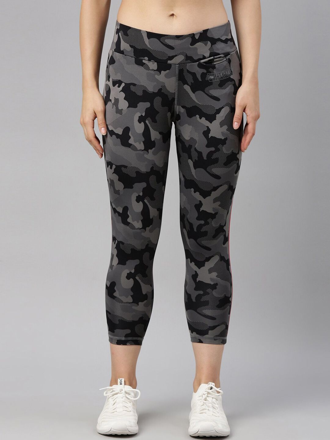 GOLDSTROMS Women Grey & Black Camouflage Printed Flexi-Fit Activewear Tights Price in India