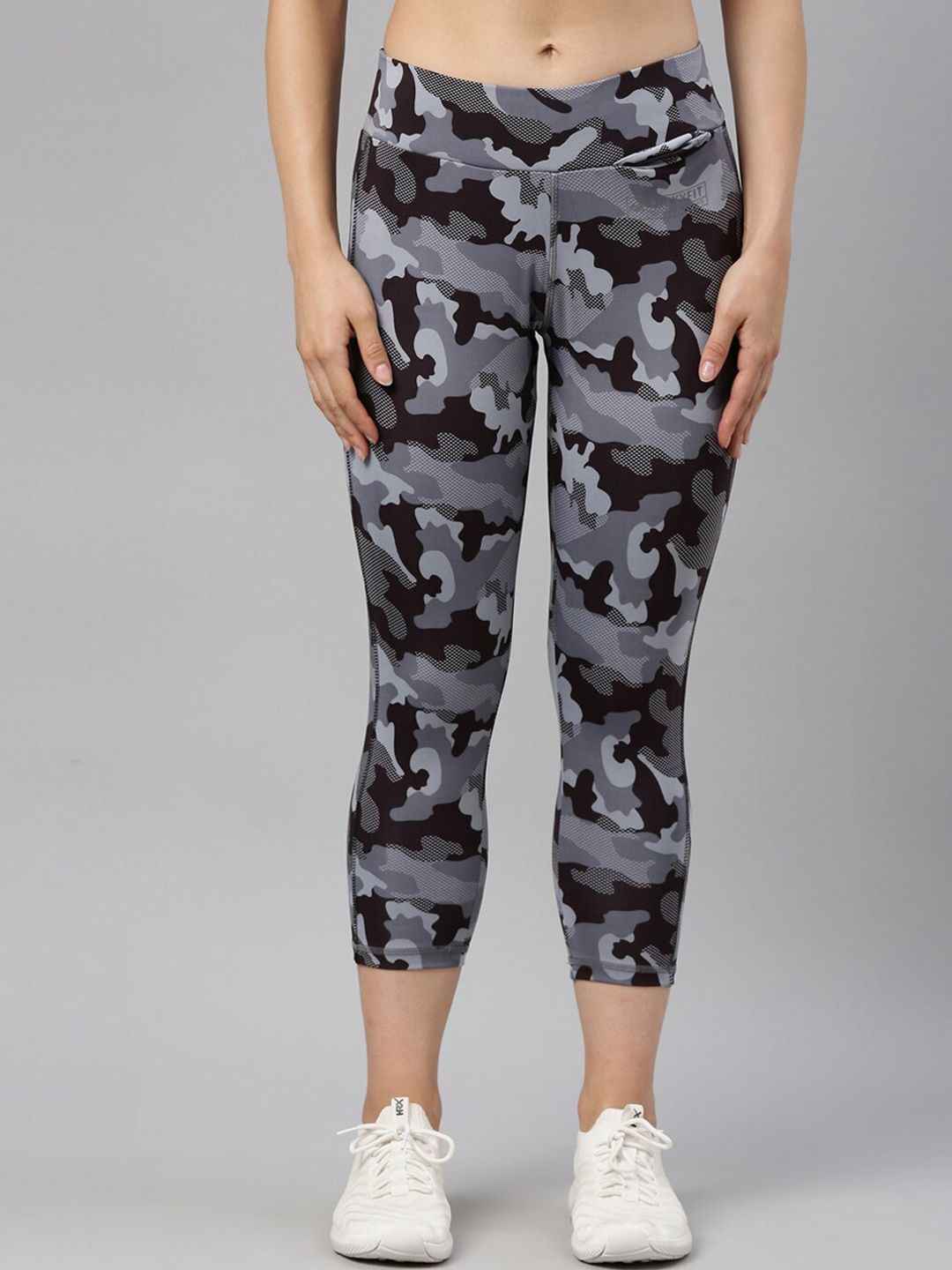 GOLDSTROMS Women Grey & Black Camouflage Printed Flexi-Fit Activewear Tights Price in India