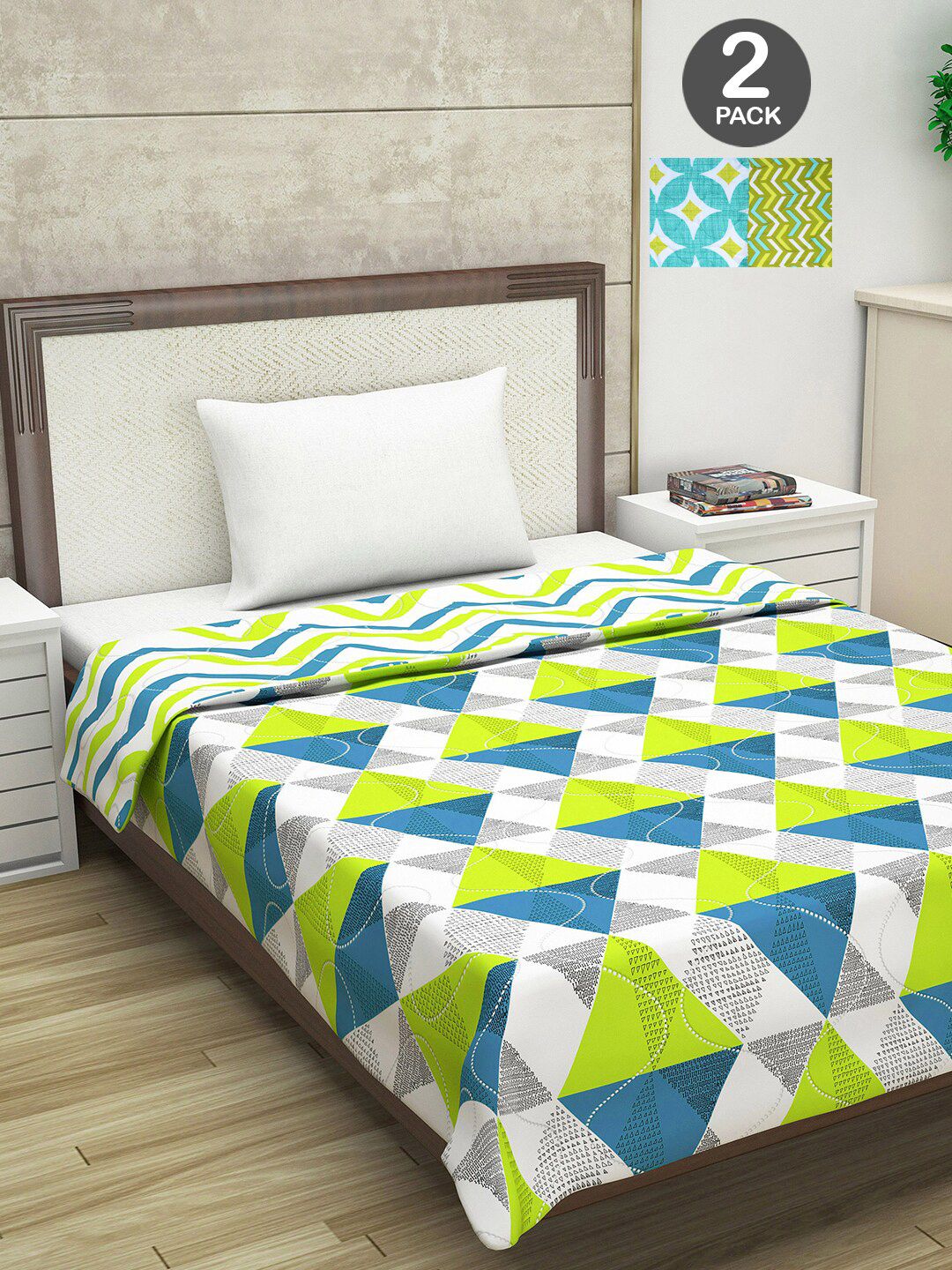 Divine Casa Green & White Set of 2 Geometric Mild Winter 120 GSM Single Bed Comforter Price in India