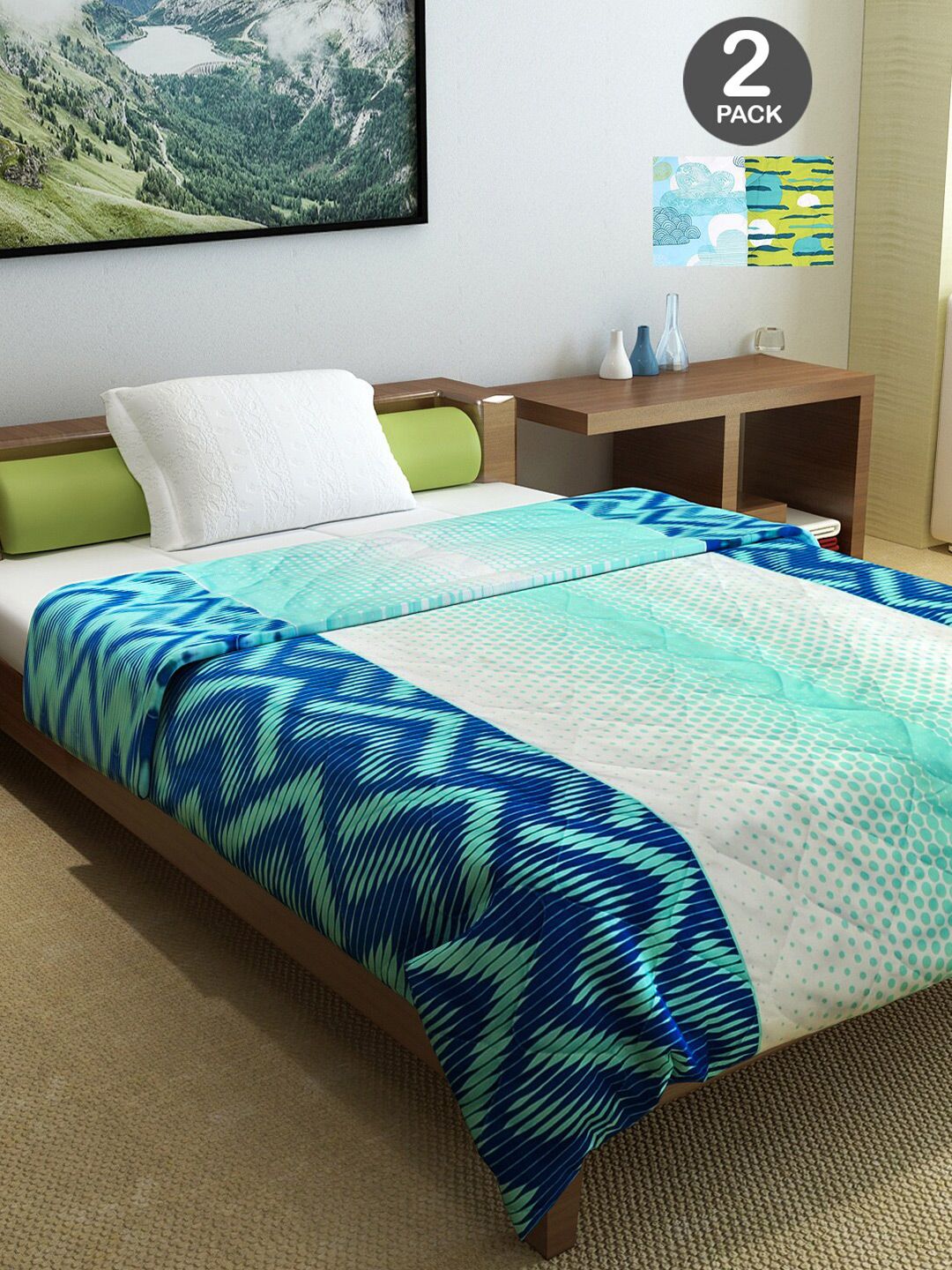Divine Casa Blue & Green Set of 2 Geometric Mild Winter 120 GSM Single Bed Comforter Price in India