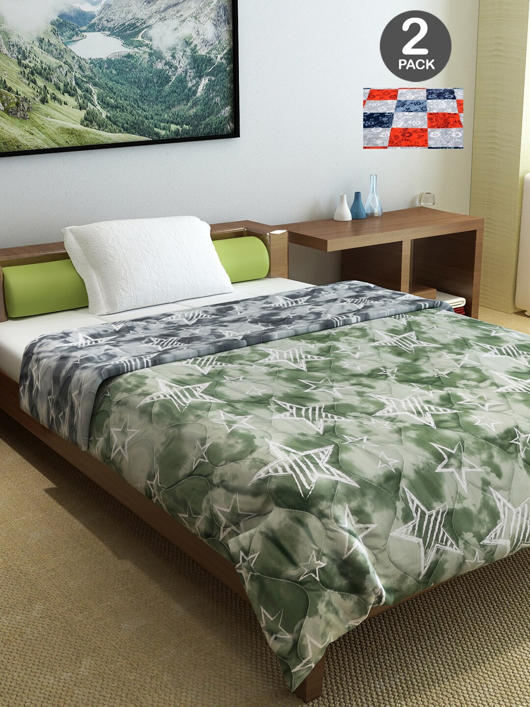 Divine Casa Grey & Green Set of 2 Mild Winter 120 GSM Single Bed Comforter Price in India
